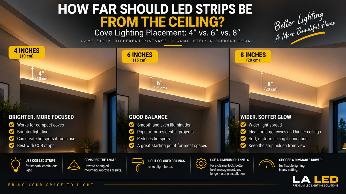 COB LED strip cove lighting showing 4-inch, 6-inch, and 8-inch distances from the ceiling and how strip placement affects light spread, hotspots, and smooth indirect illumination.
