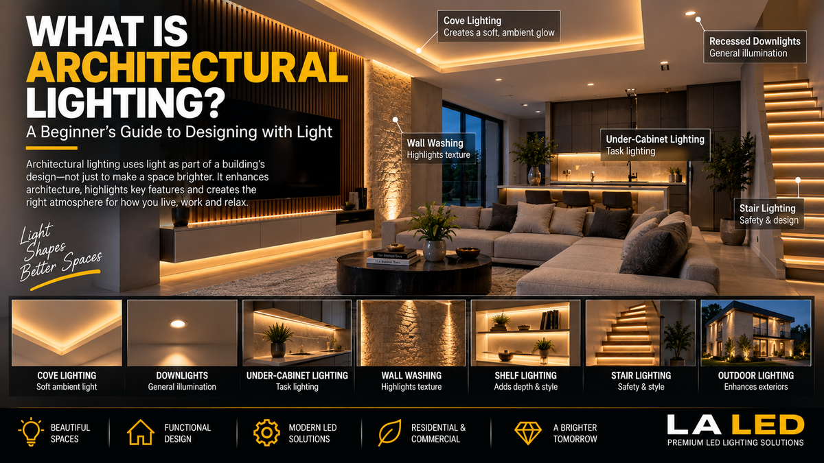 Modern interior demonstrating architectural lighting with hidden COB LED cove lighting, recessed downlights, wall washing, under-cabinet lighting, and integrated linear LED illumination.