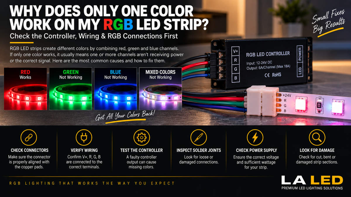 RGB LED strip showing only one working color with red, green, and blue channel connections, controller, wiring, and connector troubleshooting for missing RGB colors.