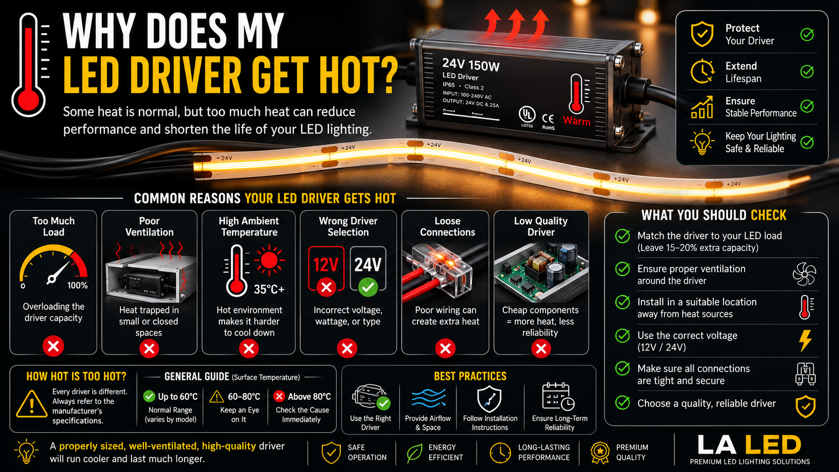 LED driver powering COB LED strip lighting with heat indicators showing common causes of overheating, including excessive load, poor ventilation, high ambient temperature, and incorrect driver sizing.