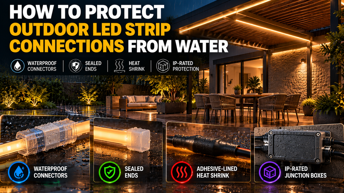 Outdoor waterproof COB LED strip connections protected with sealed connectors, heat-shrink tubing, end caps, and IP-rated junction boxes to prevent water damage in patio and pergola lighting.