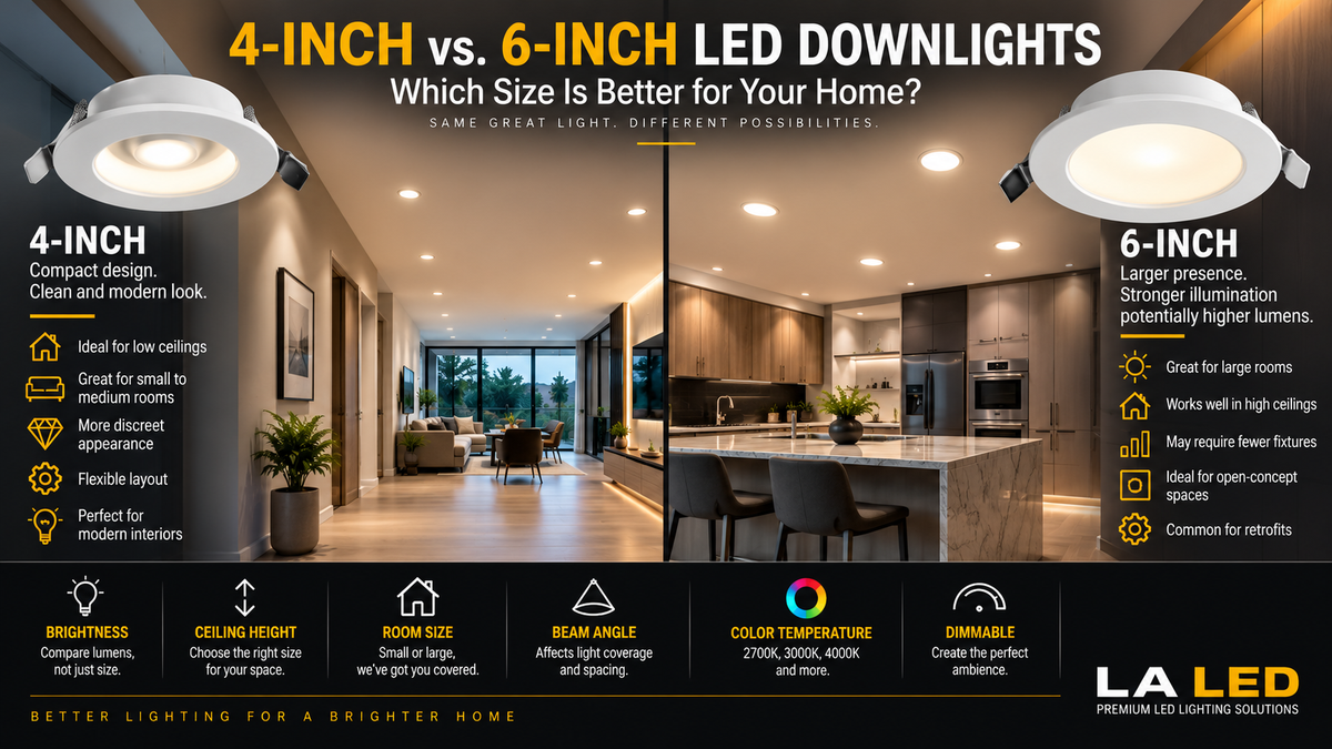 4-inch and 6-inch LED downlights compared in a modern residential interior, showing differences in fixture size, ceiling appearance, brightness, spacing, and light coverage.