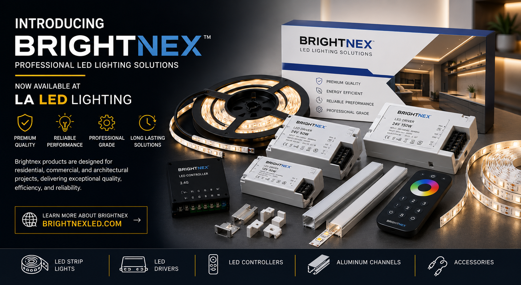 Brightnex professional LED lighting products including LED strip lights, LED drivers, controllers, aluminum channels, and accessories available at LA LED Lighting for residential and commercial projects.