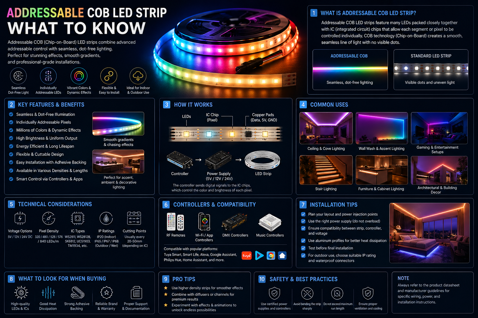 Comprehensive infographic explaining addressable IC RGB COB LED strip technology, including features, how it works, controller compatibility, installation tips, and common lighting applications