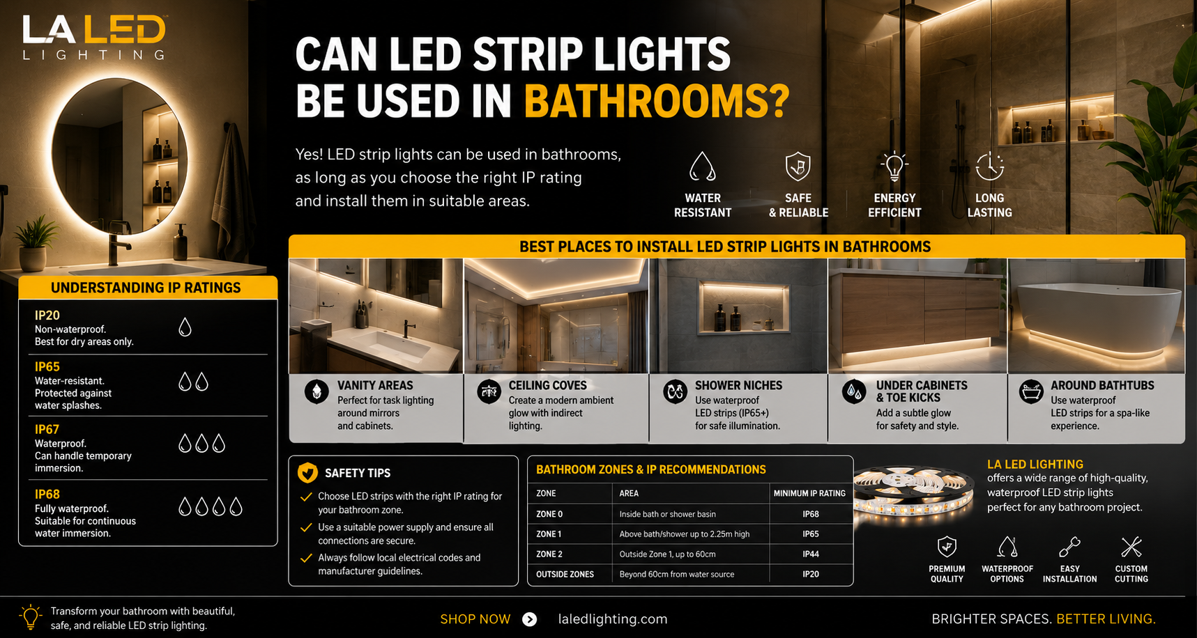 Educational infographic explaining that LED strip lights can be safely used in bathrooms when the correct waterproof rating is selected.