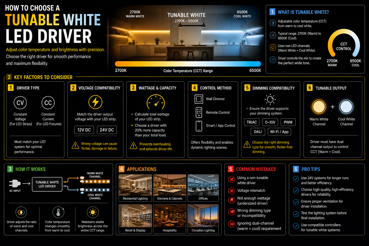 Infographic showing how to choose a tunable white LED driver, including CCT range from 2700K to 6500K, voltage compatibility, wattage calculation, dimming options, dual-channel output, applications, and installation tips