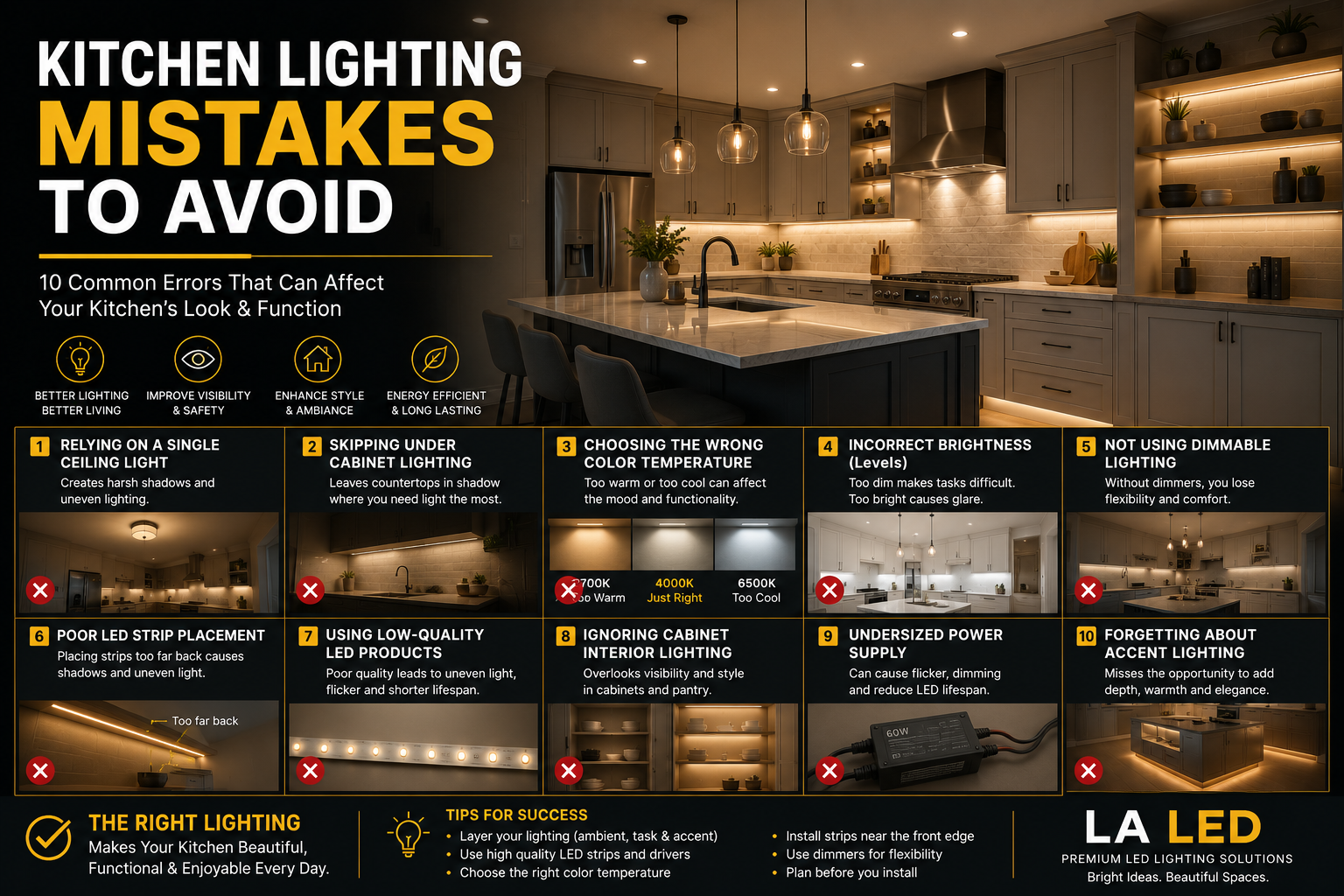 Modern kitchen featuring proper LED under cabinet lighting, ceiling lighting, and layered illumination demonstrating how to avoid common kitchen lighting mistakes for a brighter and more functional space.