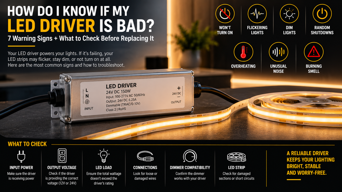 LED driver connected to COB LED strip lighting with visual signs of driver failure including flickering lights, overheating, random shutdowns, dim output, buzzing, and loss of power.