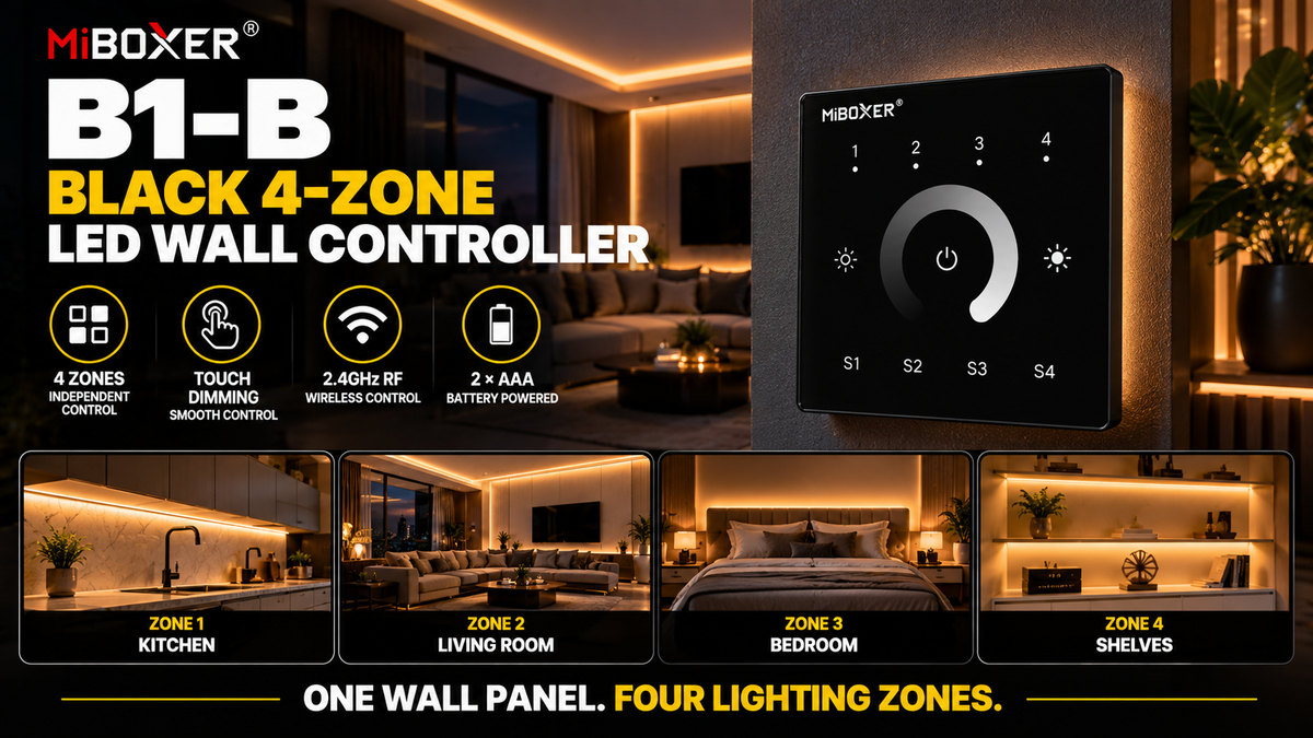 MiBoxer B1-B black four-zone wireless LED wall controller with touch-sensitive dimming and 2.4GHz RF control for single-color COB LED strip lighting.