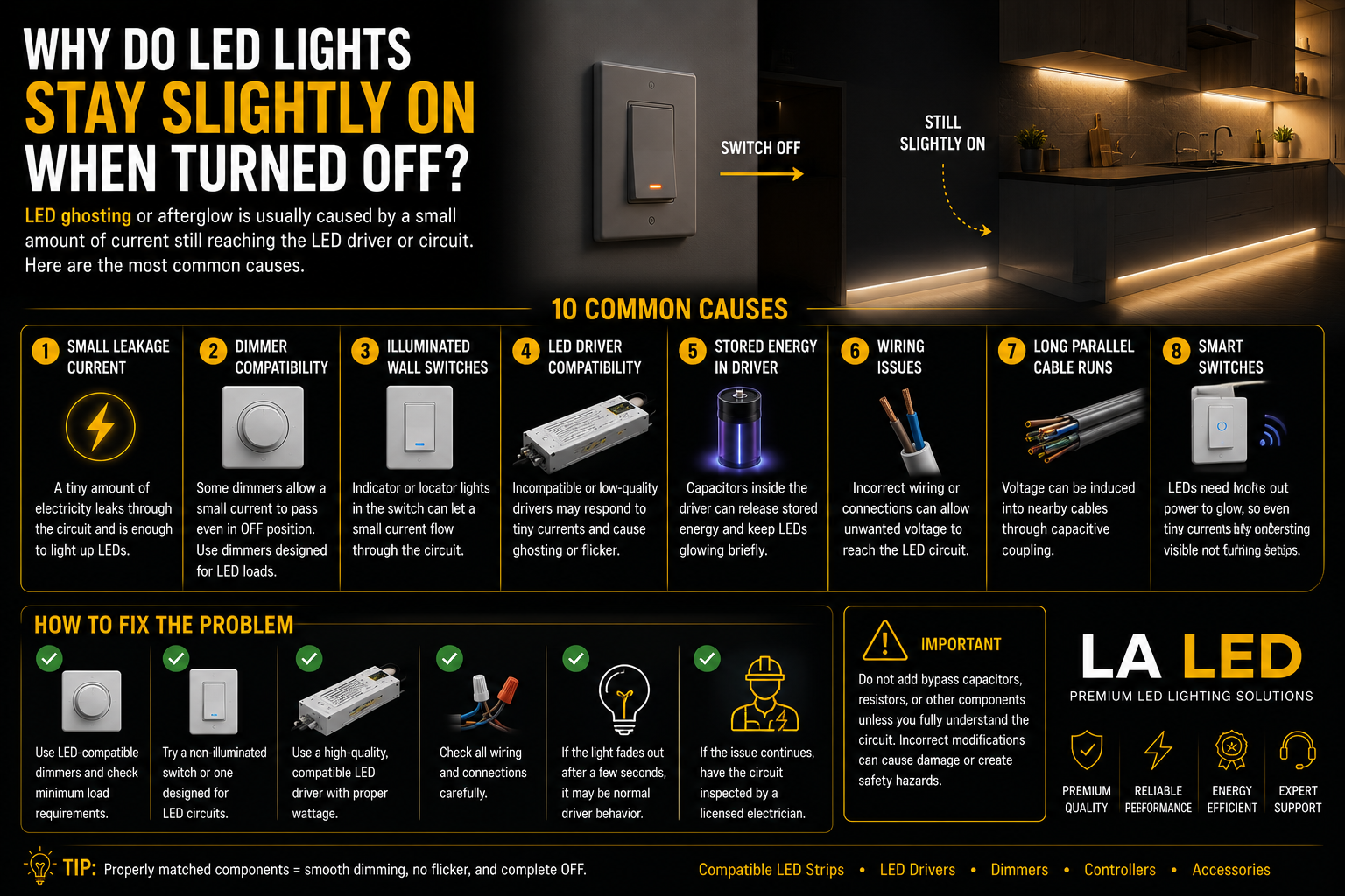 LED strip lights glowing faintly after being switched off, illustrating LED ghosting caused by leakage current, dimmer compatibility, LED drivers, smart switches, or wiring issues.