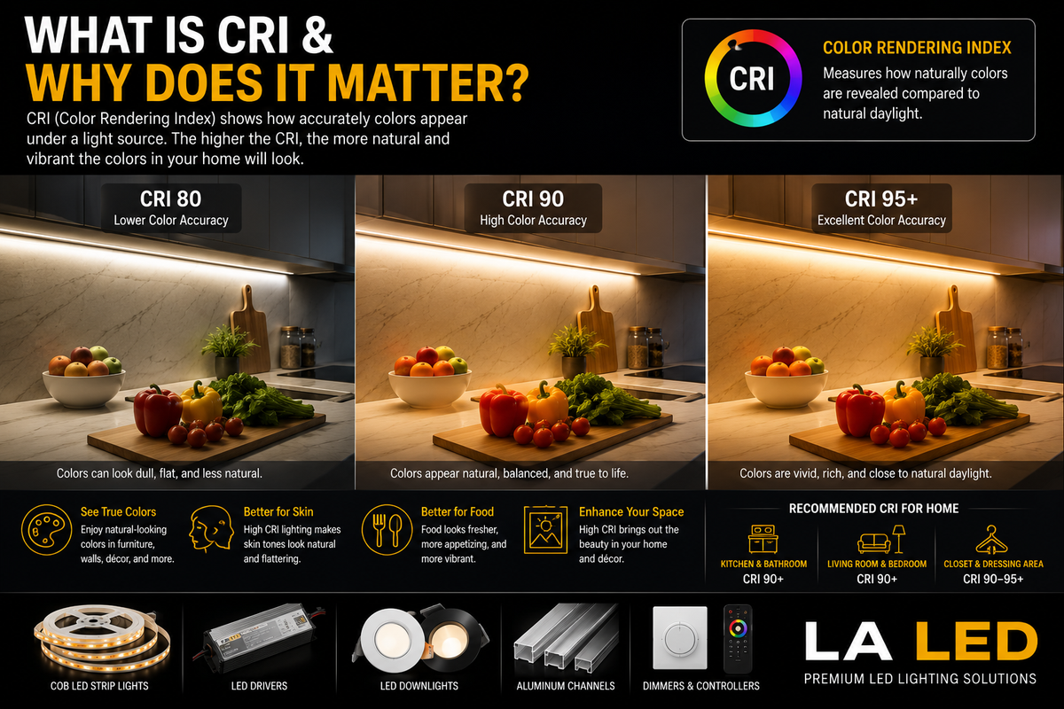 Comparison of CRI 80, CRI 90, and CRI 95+ home lighting showing how high-CRI COB LED lighting improves the appearance of food, skin tones, wood, furniture, and interior colors.