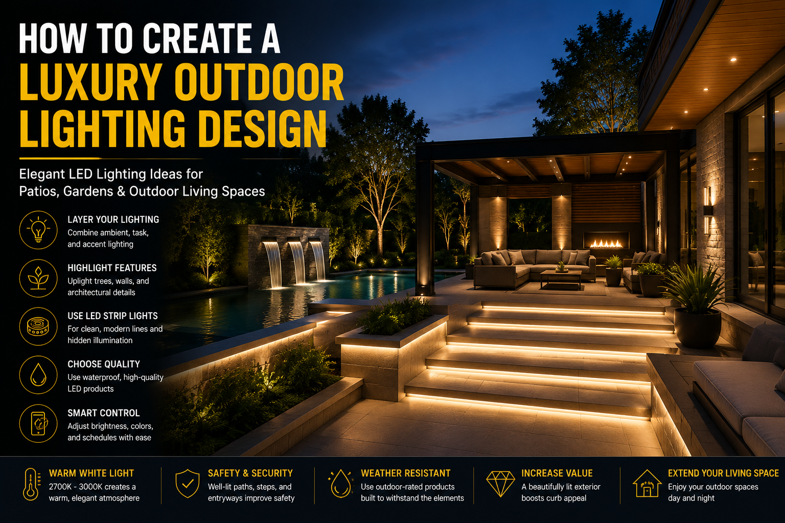Luxury backyard featuring warm white LED strip lighting on steps, patios, pergolas, and landscaped gardens, creating an elegant outdoor lighting design for modern homes.