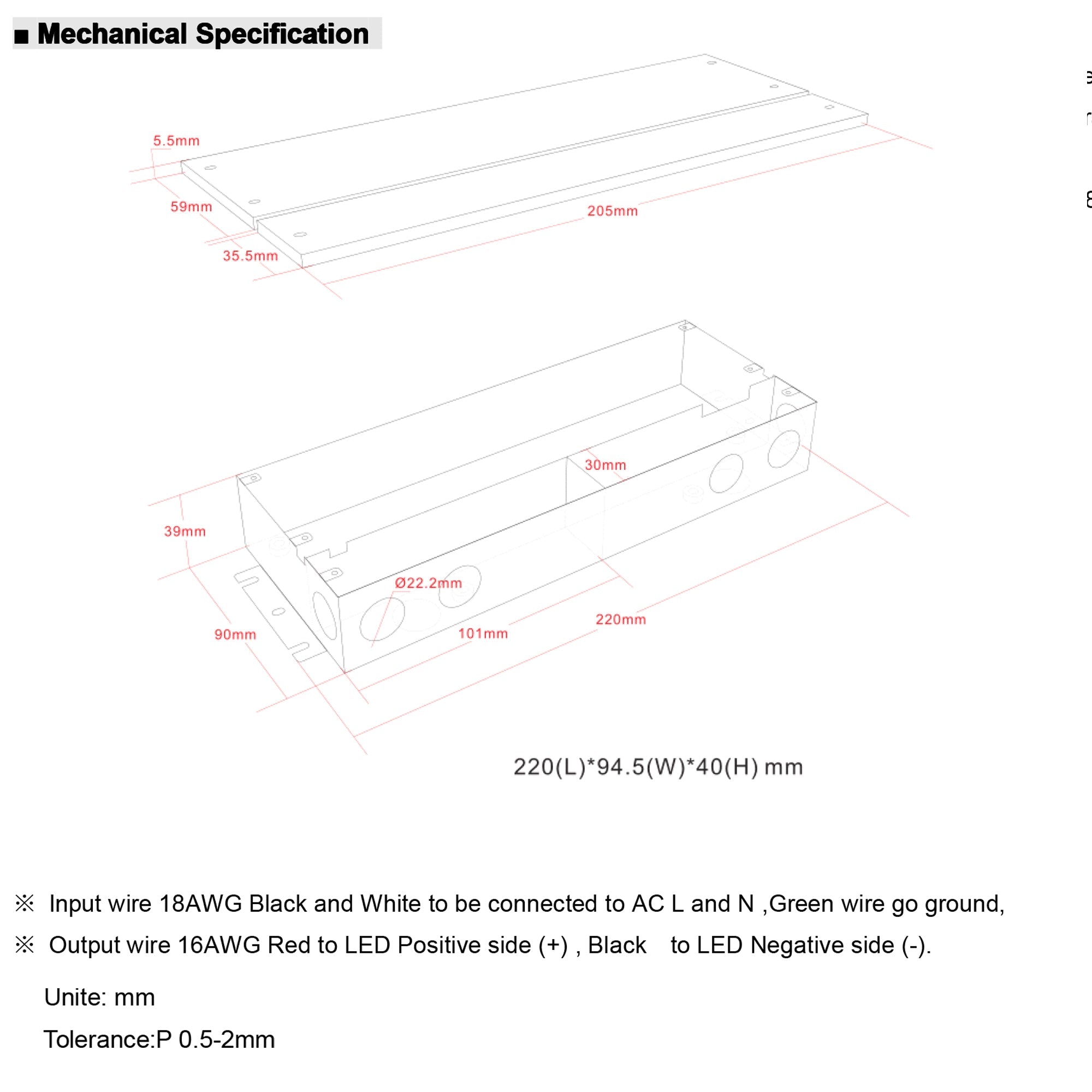 Mechanical drawing of 120W LED driver with junction box showing enclosure dimensions and knockout locations