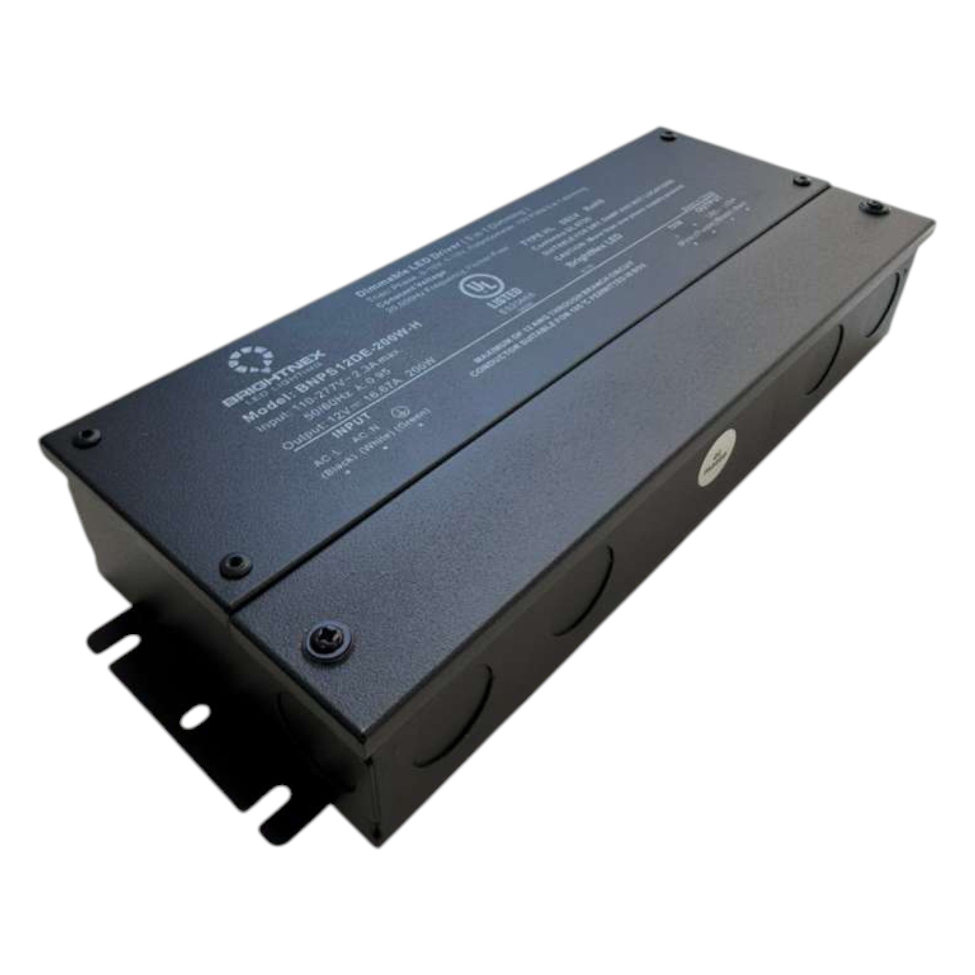 Side view of 200W dimmable LED driver showing compact metal housing and built-in junction box.