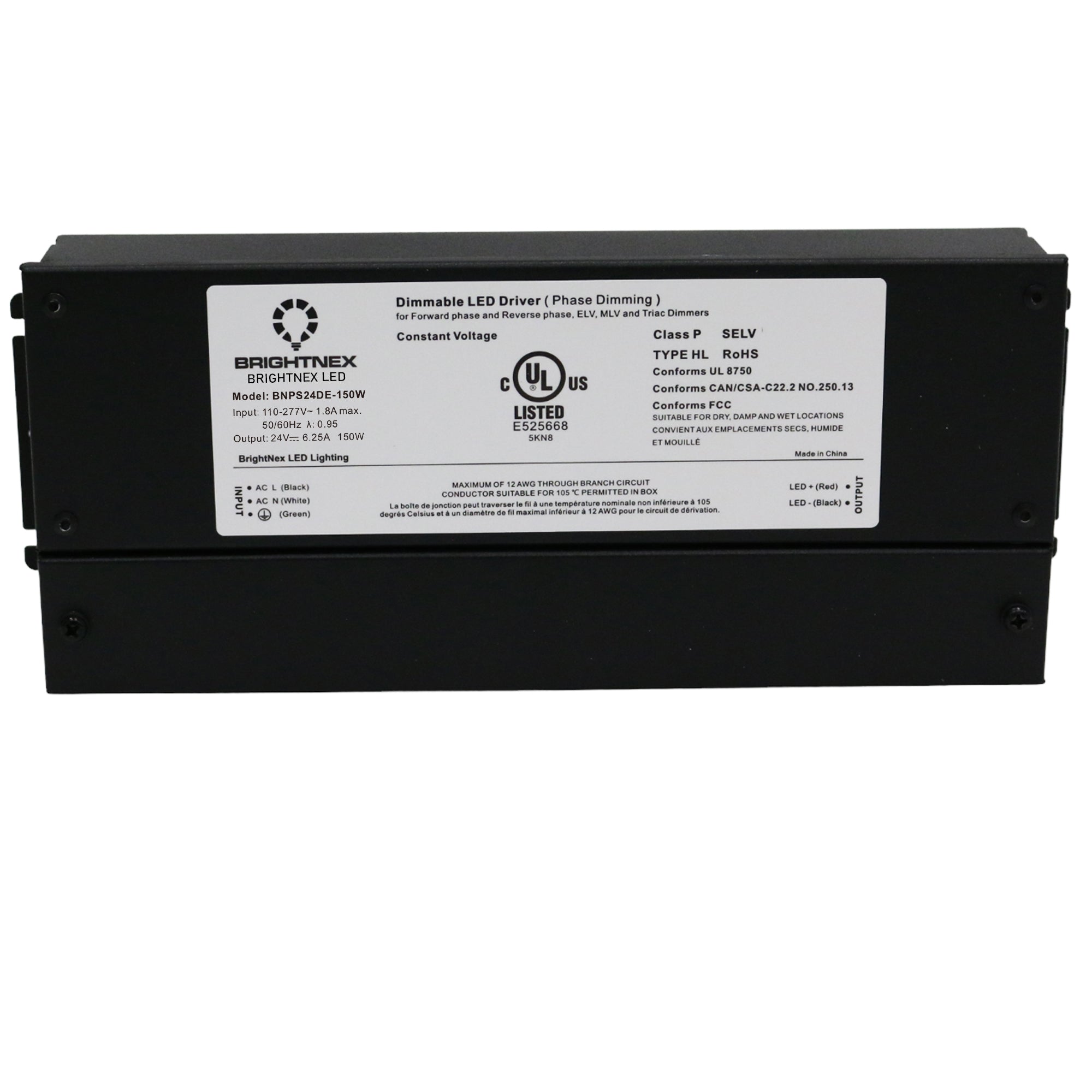 Brightnex 150W 24V dimmable LED driver Class P IP65 constant voltage power supply with junction box