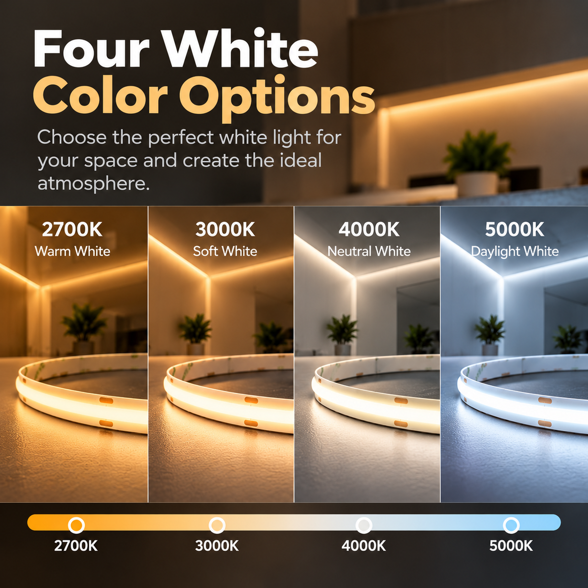 Ultra Slim COB LED Strip – Dotless – Indoor - Dimmable - 24V, 6.5mm – (2700K,3000K,4000K,5000K)- 16.5ft
