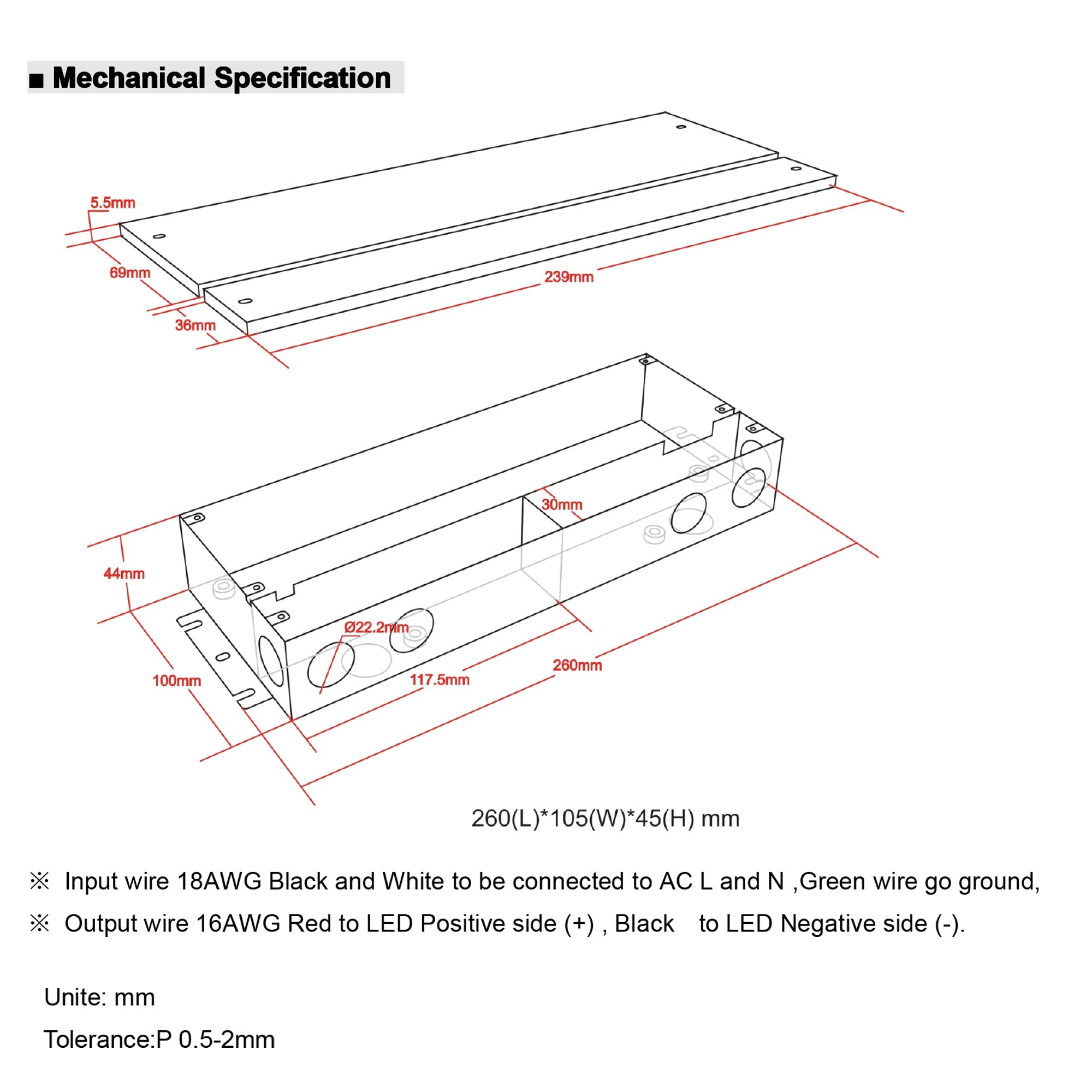 Mechanical drawing of 200W LED driver with junction box showing enclosure dimensions and knockout locations