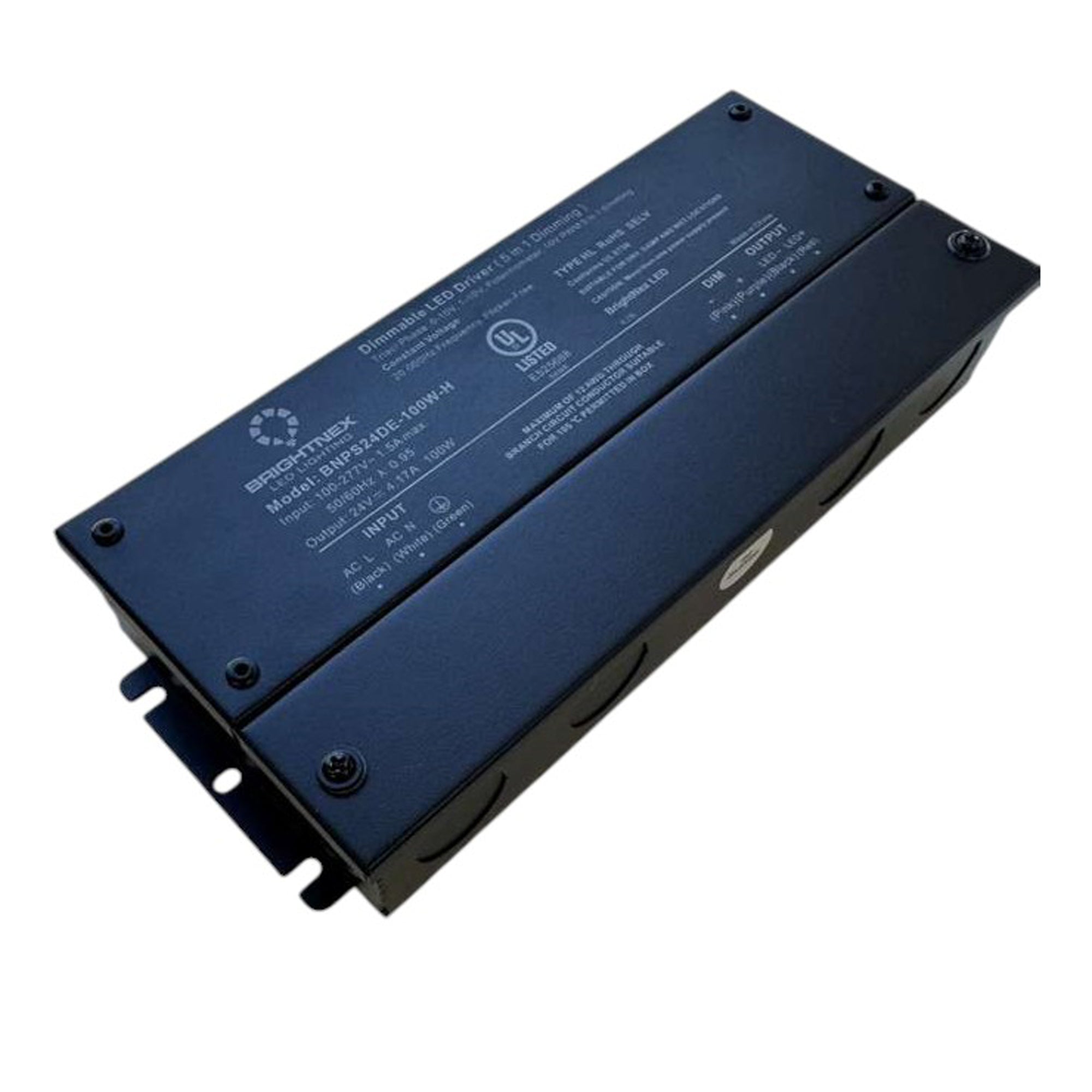 Angled view of 100W LED driver showing metal housing and wiring knockouts for installation