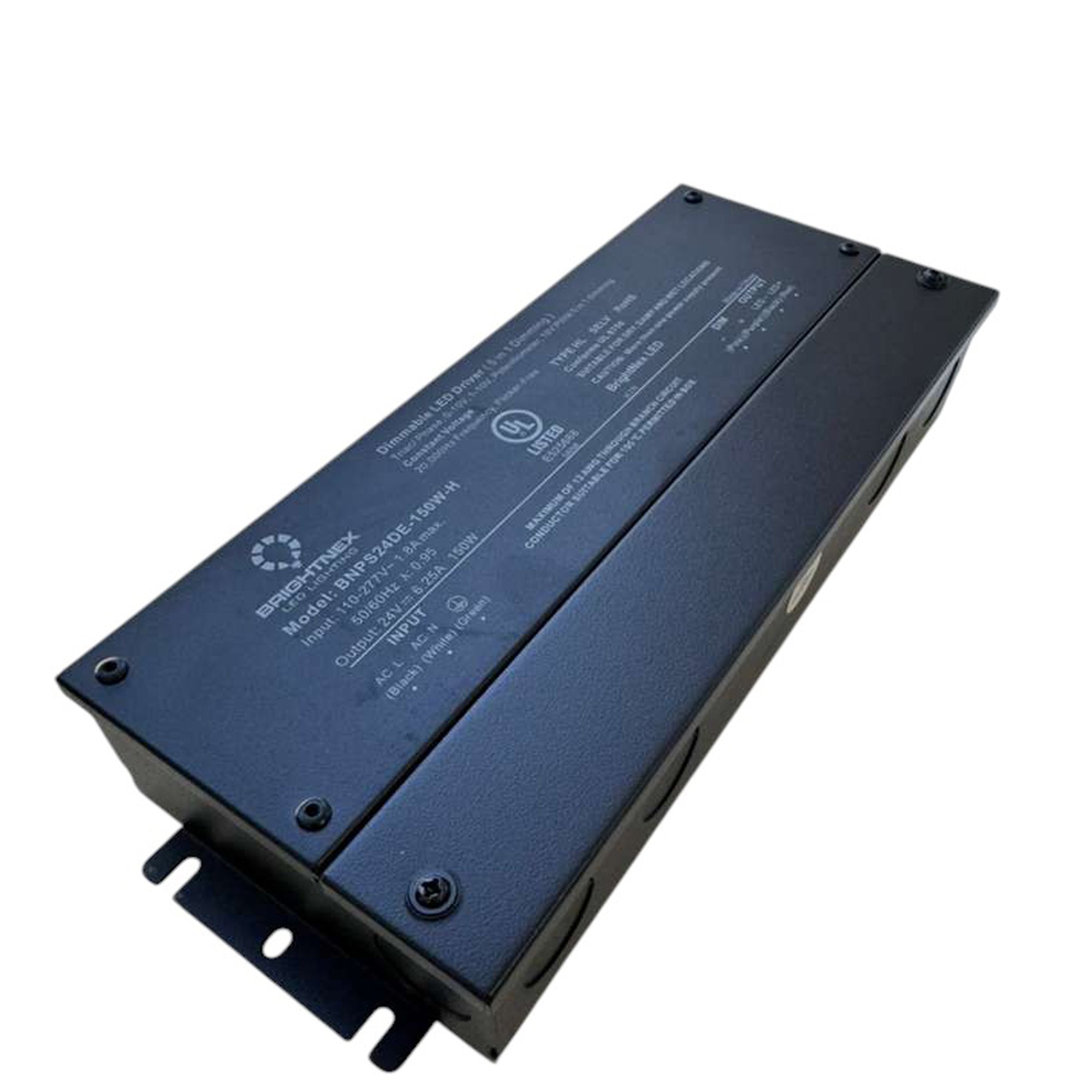 150W LED driver angled view showing metal enclosure and wiring knockouts, 5-in-1 dimmable power supply