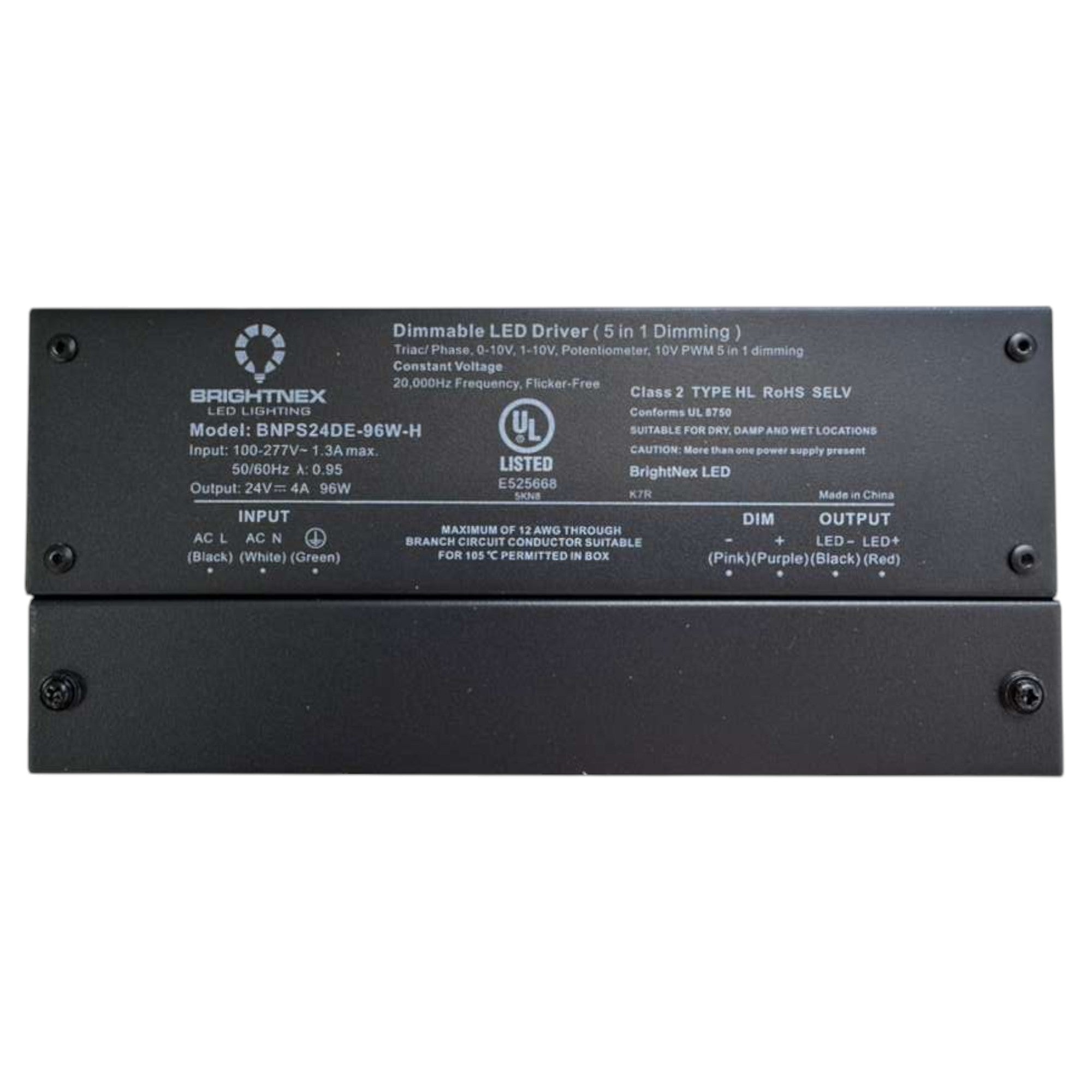 96W 5-in-1 dimmable LED driver with UL Listed junction box, constant voltage 24V output