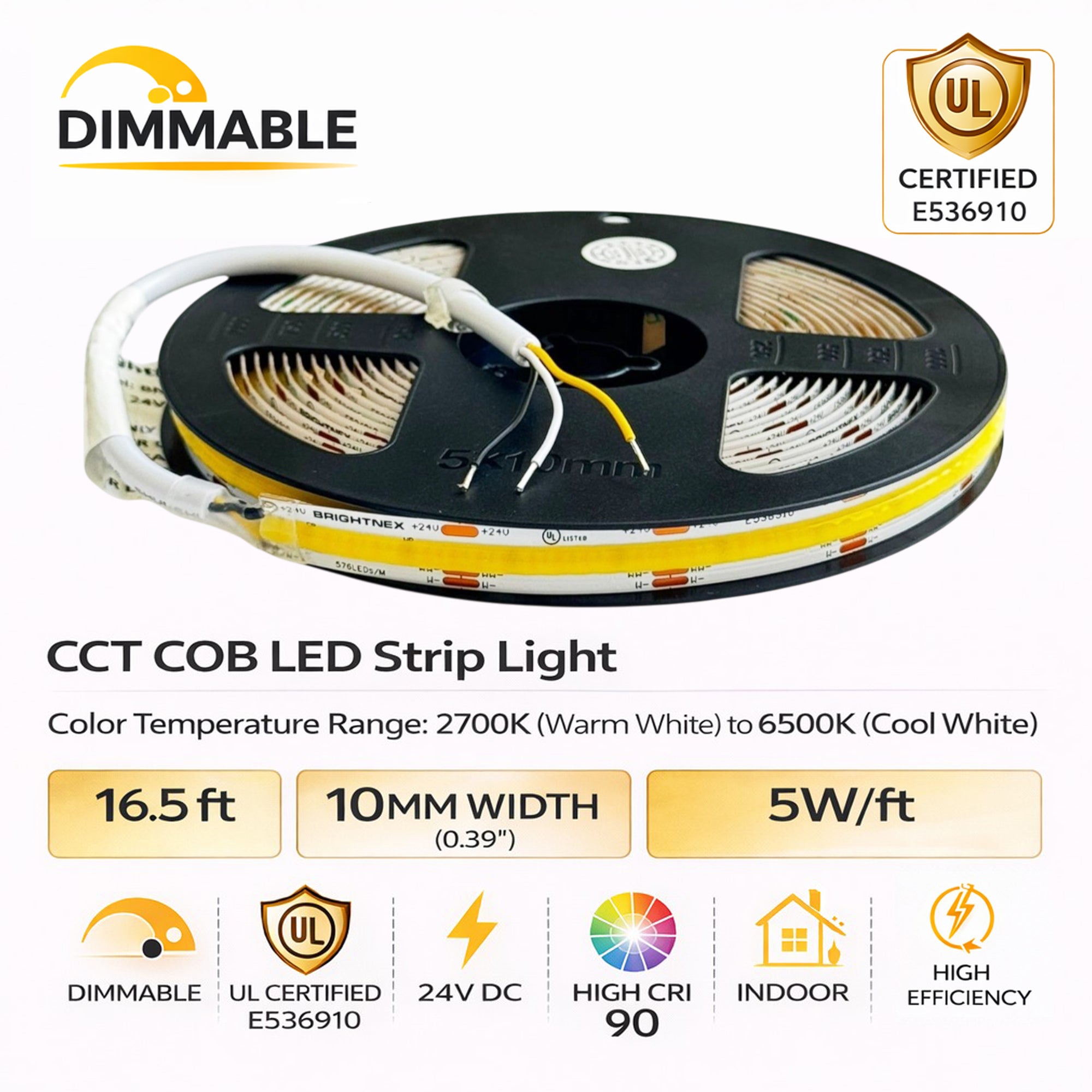 UL certified indoor 24V CCT COB LED strip light 10mm width CCT tunable 2700K to 6500K high CRI 90