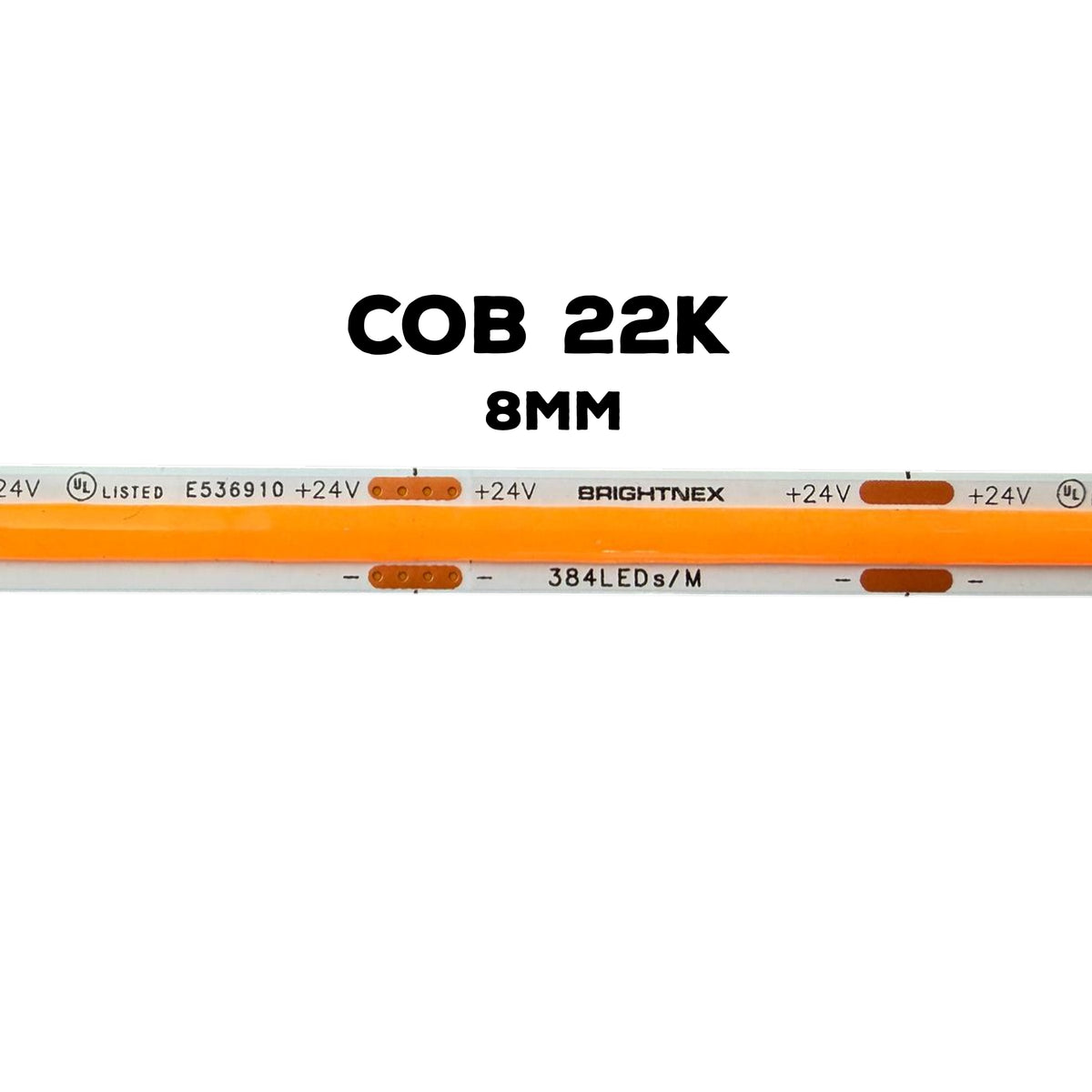 24V COB 2200K 8mm LED strip light with warm amber dotless illumination, 384 LEDs per meter and UL listed marking