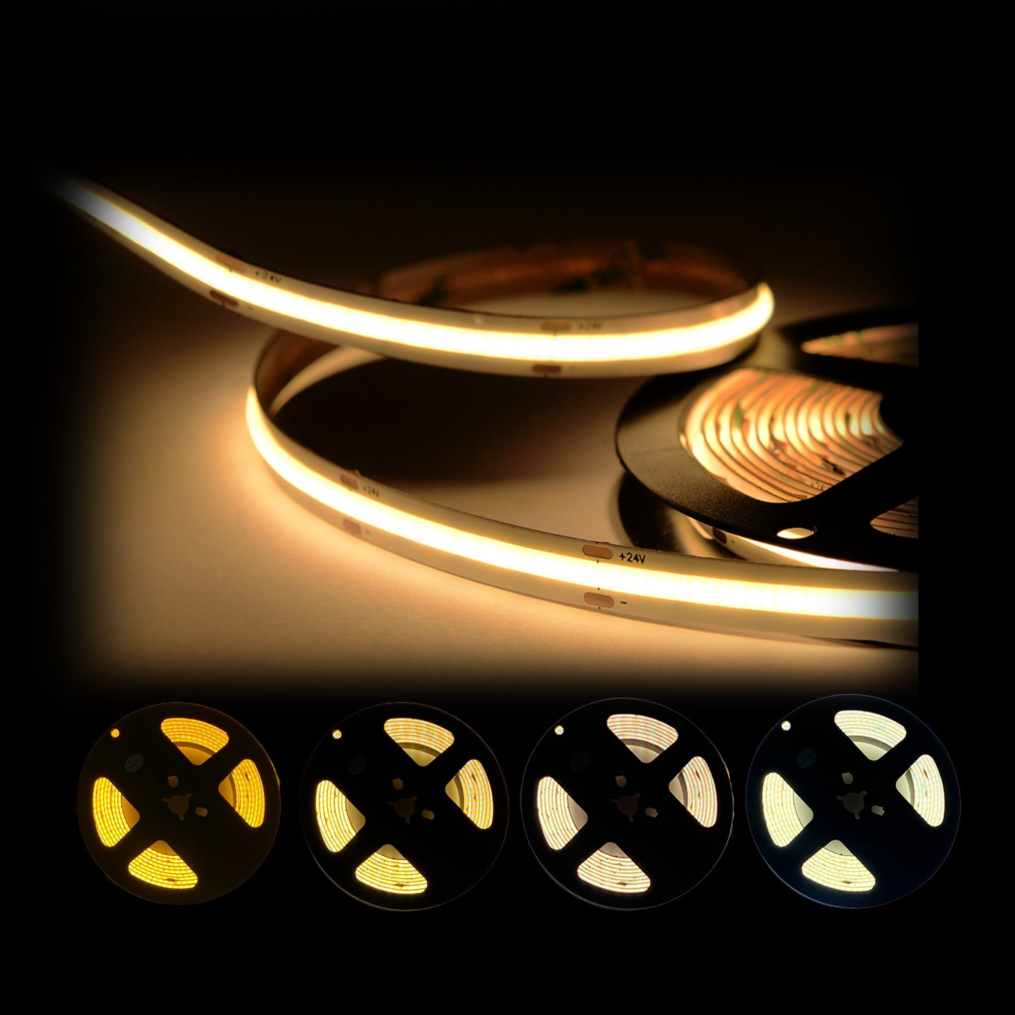 UL certified outdoor 24V COB LED strip light 8mm width single row 480 LEDs per meter with color temperature options 2700K 3000K 4000K and 5000K showing PCB detail