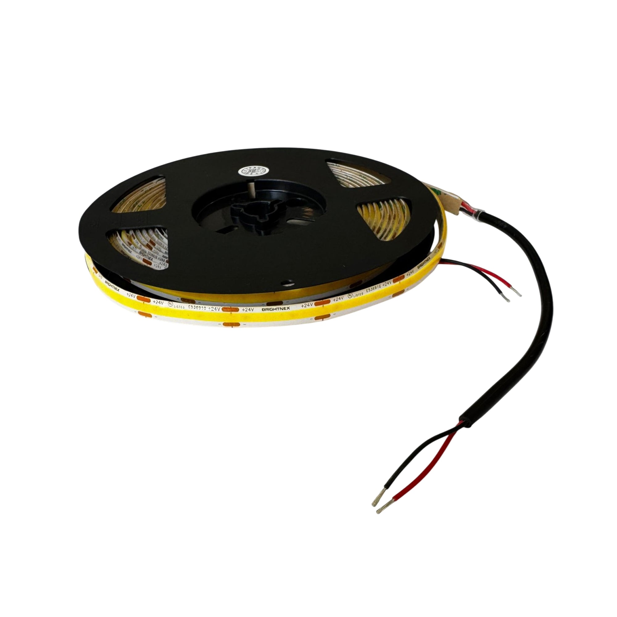 UL certified outdoor 24V COB LED strip light with power connection wires on reel