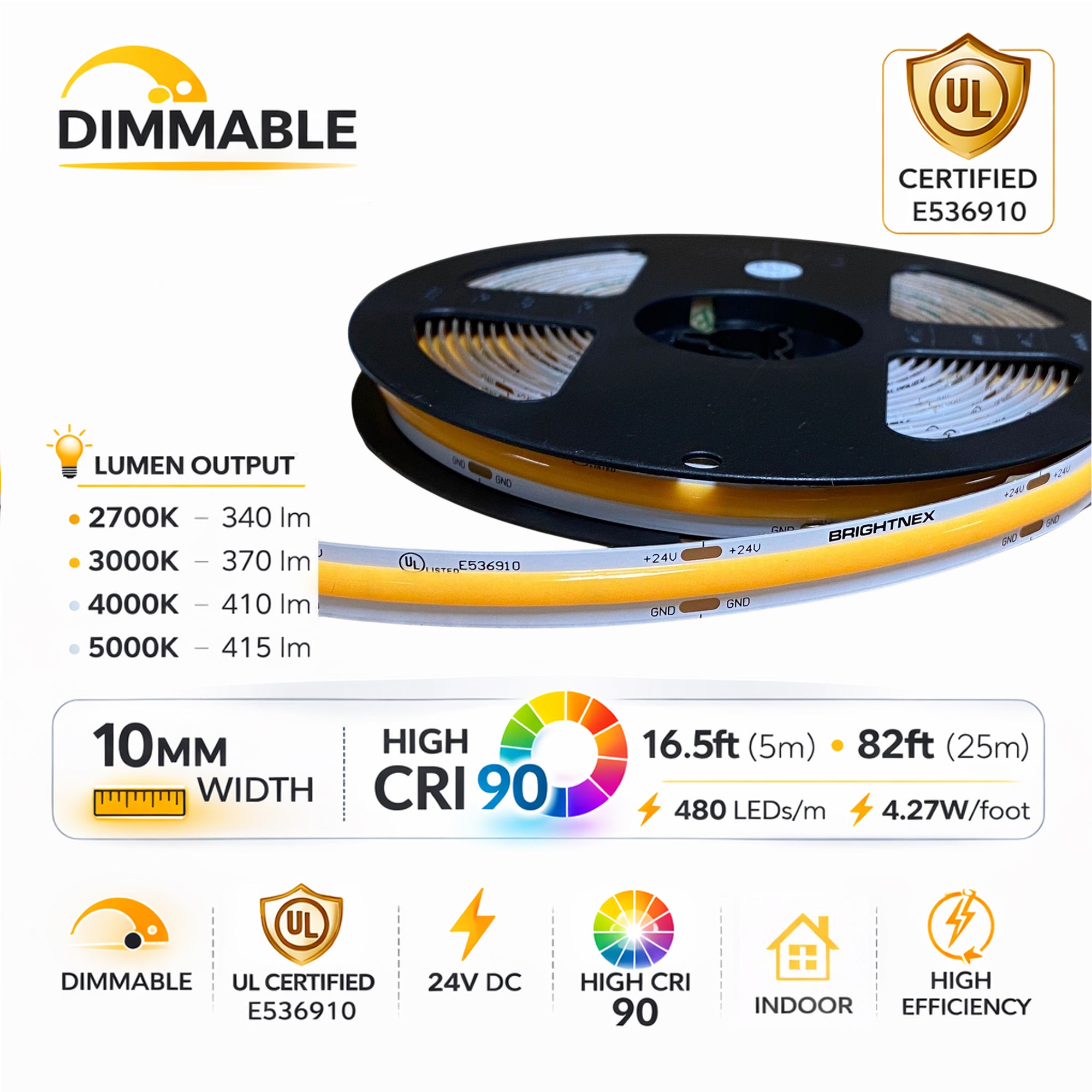 UL certified 24V COB LED strip light specifications showing CRI 90, 10mm width, dimmable indoor strip