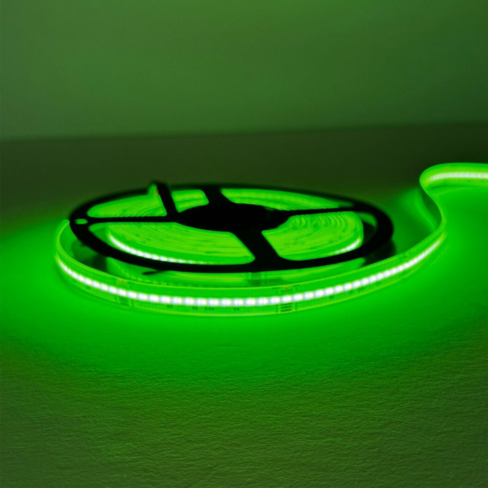 UL certified indoor 24V COB RGBW LED strip light showing green color illumination