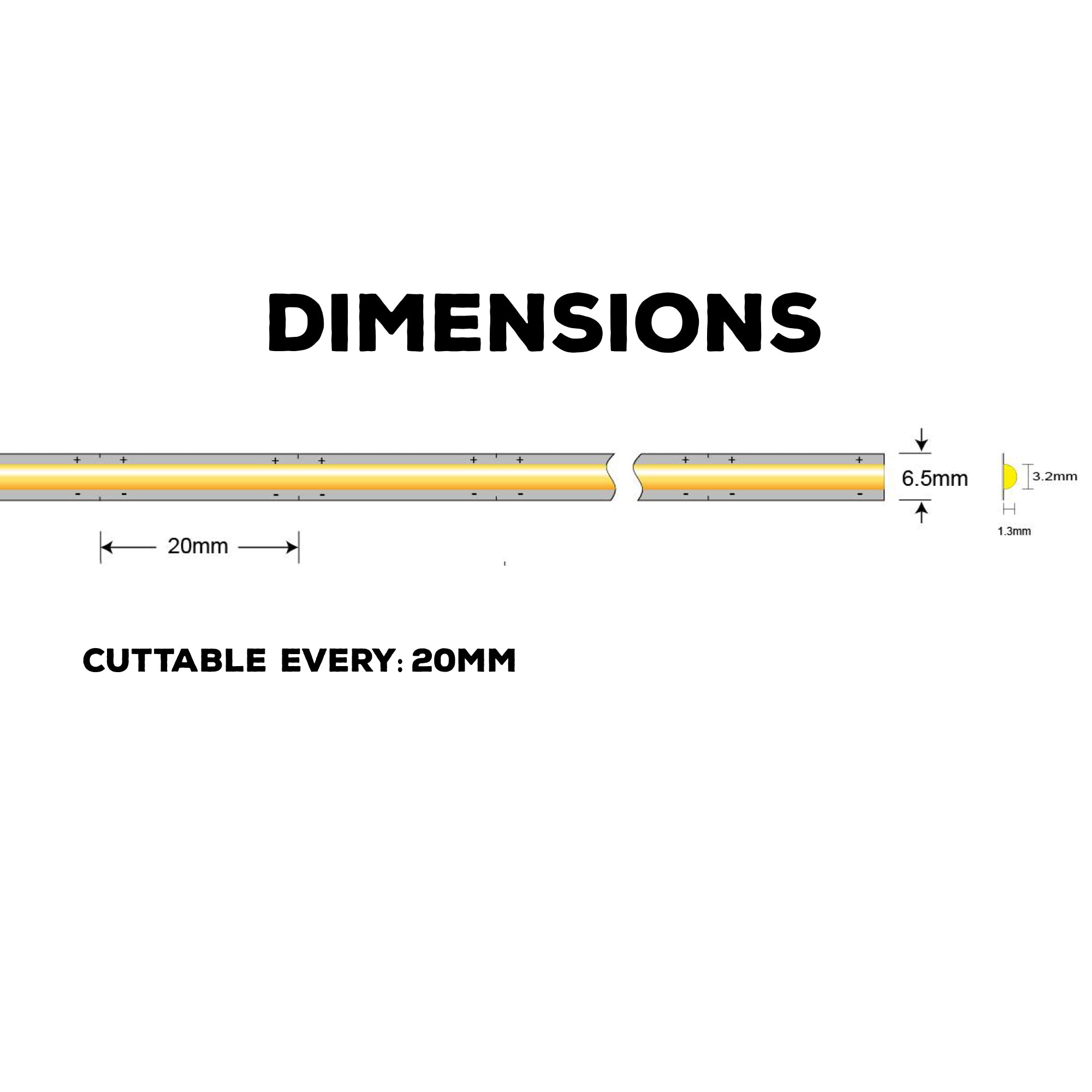 UL certified indoor 24V ultra slim FCOB LED strip light dimension diagram showing 6.5mm width and 20mm cuttable sections