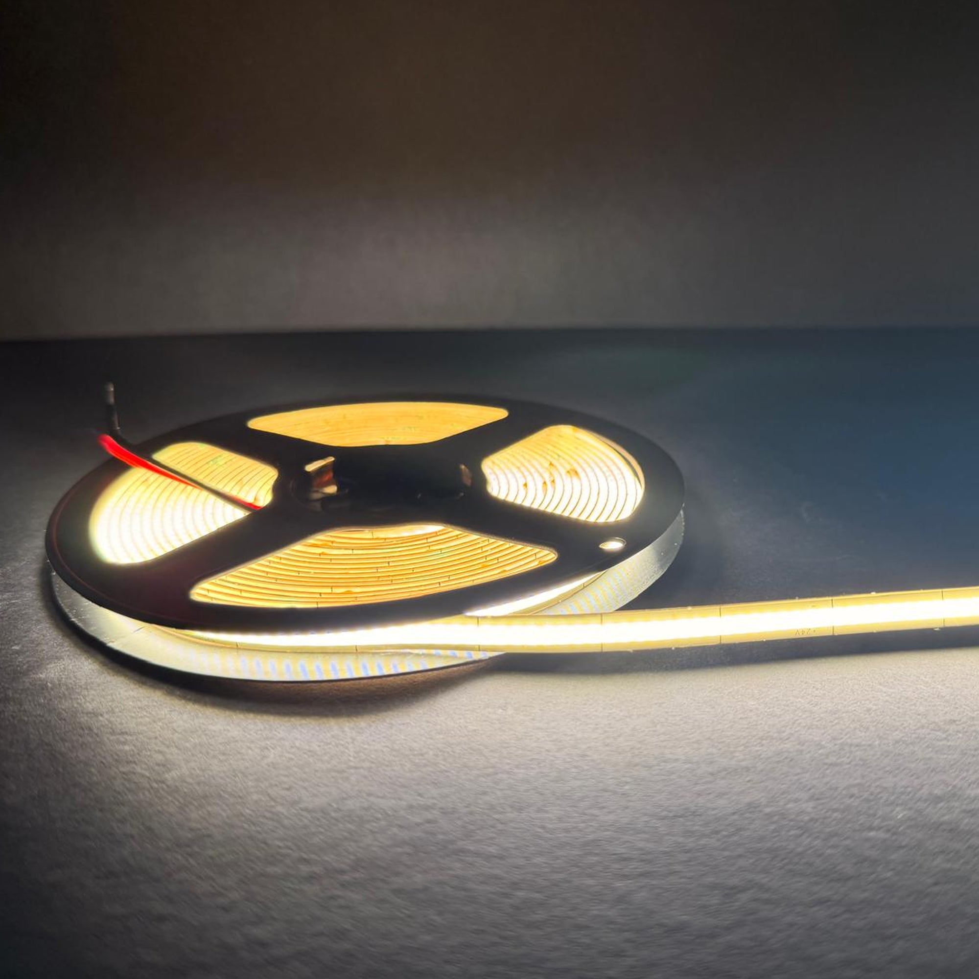 UL certified indoor 24V ultra slim FCOB LED strip light on reel showing uniform high density dotless lighting