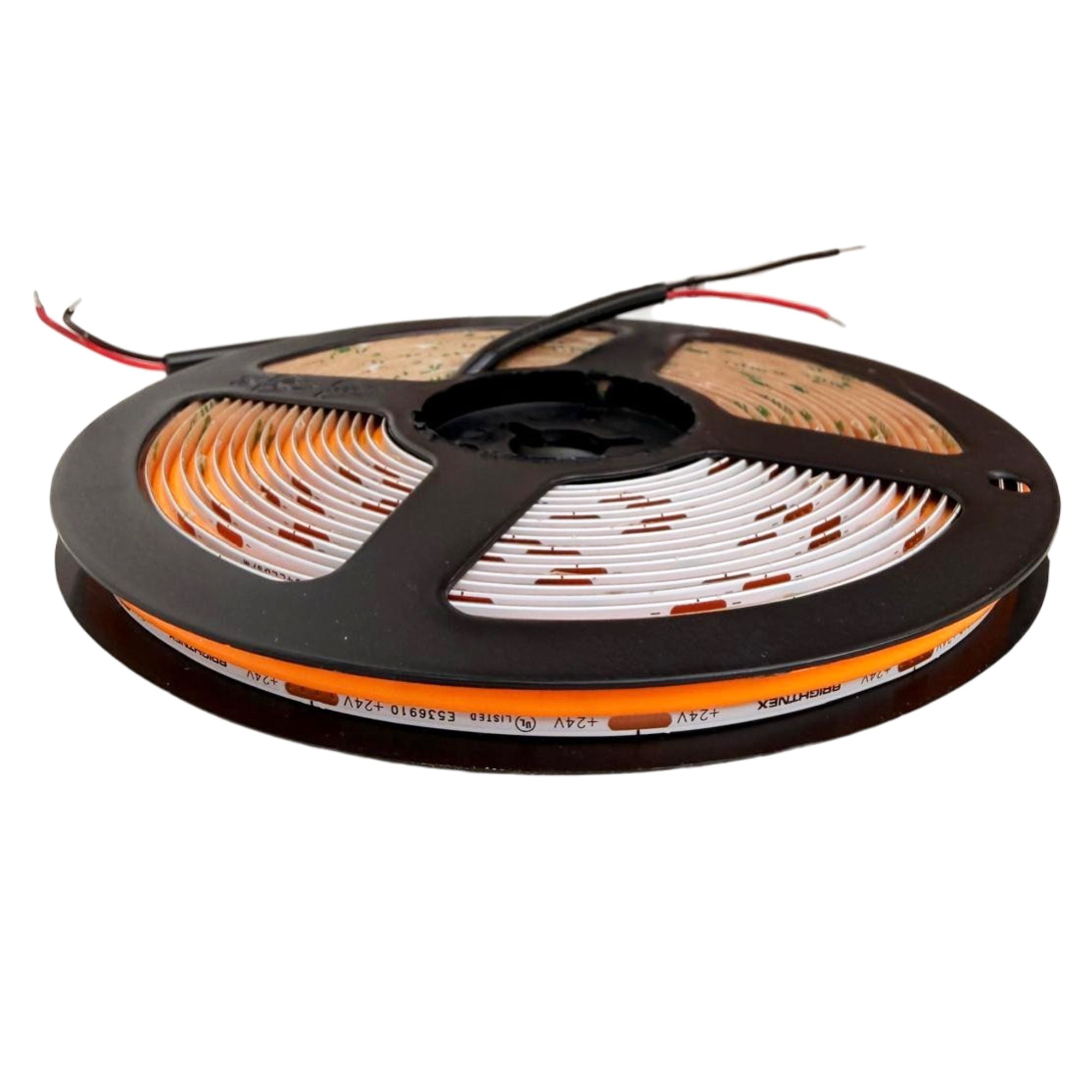 UL certified indoor 24V FCOB LED strip light 8mm width showing 1800K golden yellow color on reel with power wires