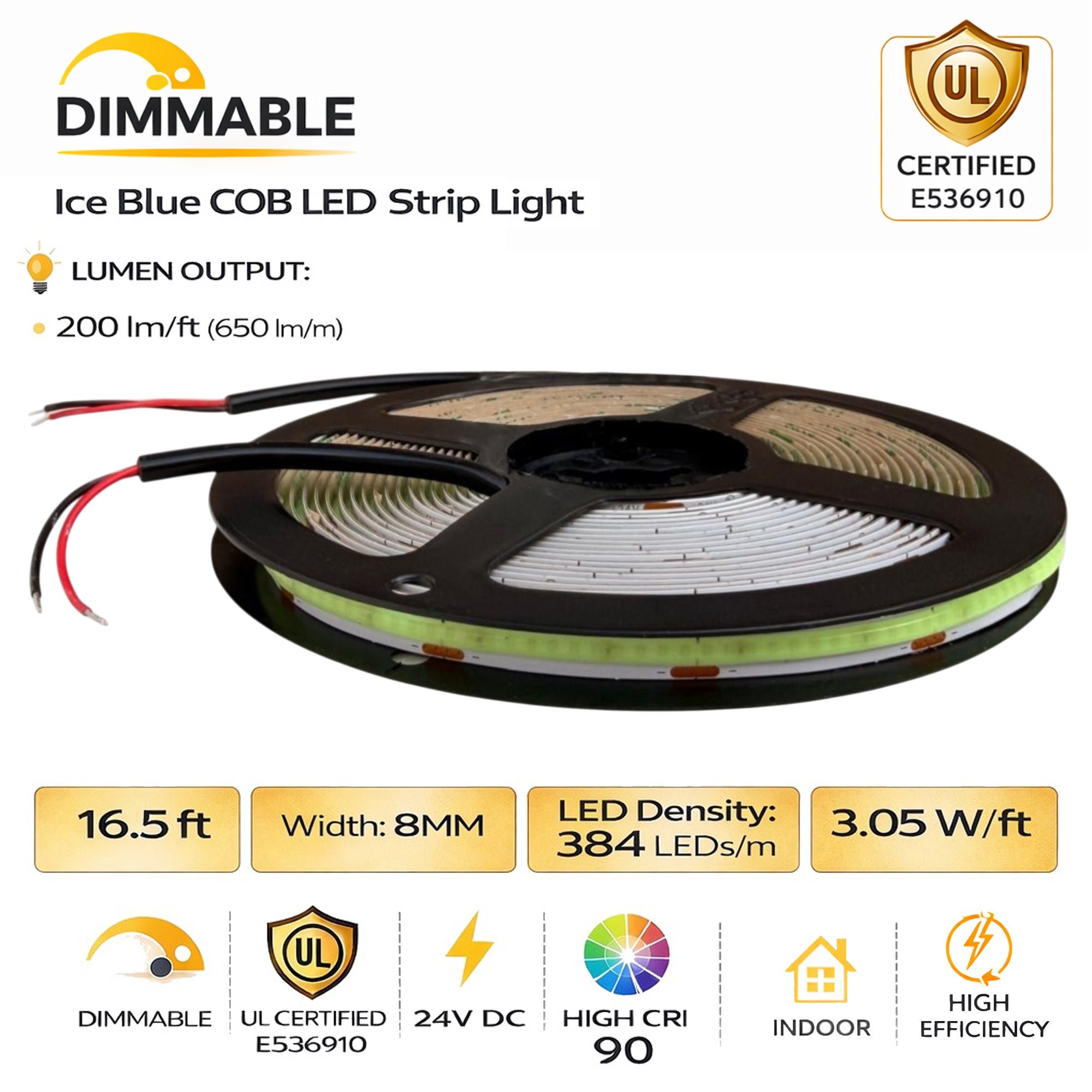 UL certified indoor 24V FCOB ice blue LED strip light showing product specifications including 384 LEDs per meter dimmable feature and high CRI