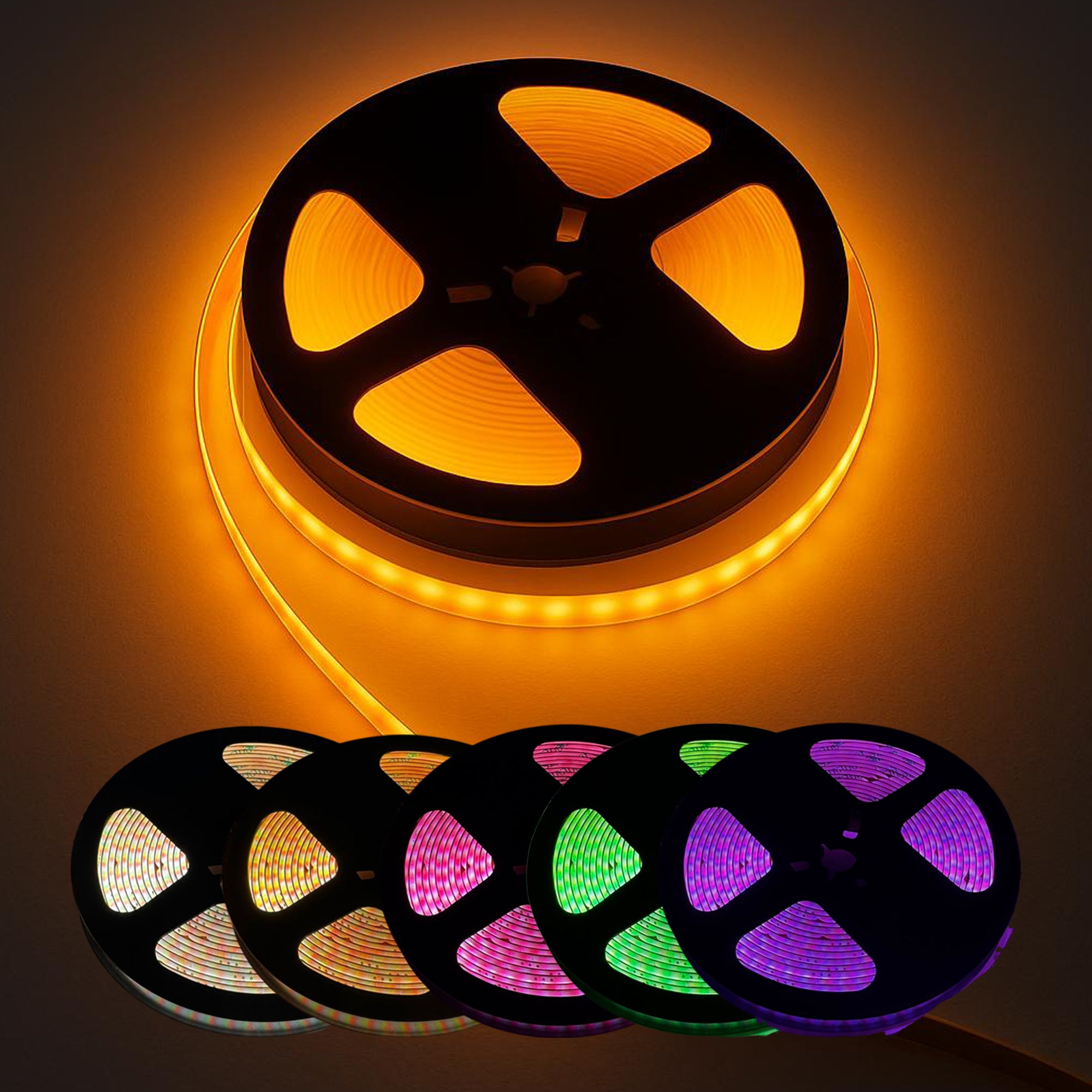 UL certified indoor 24V RGB CCT COB LED strip light showing multiple color options on reels including RGB and tunable white