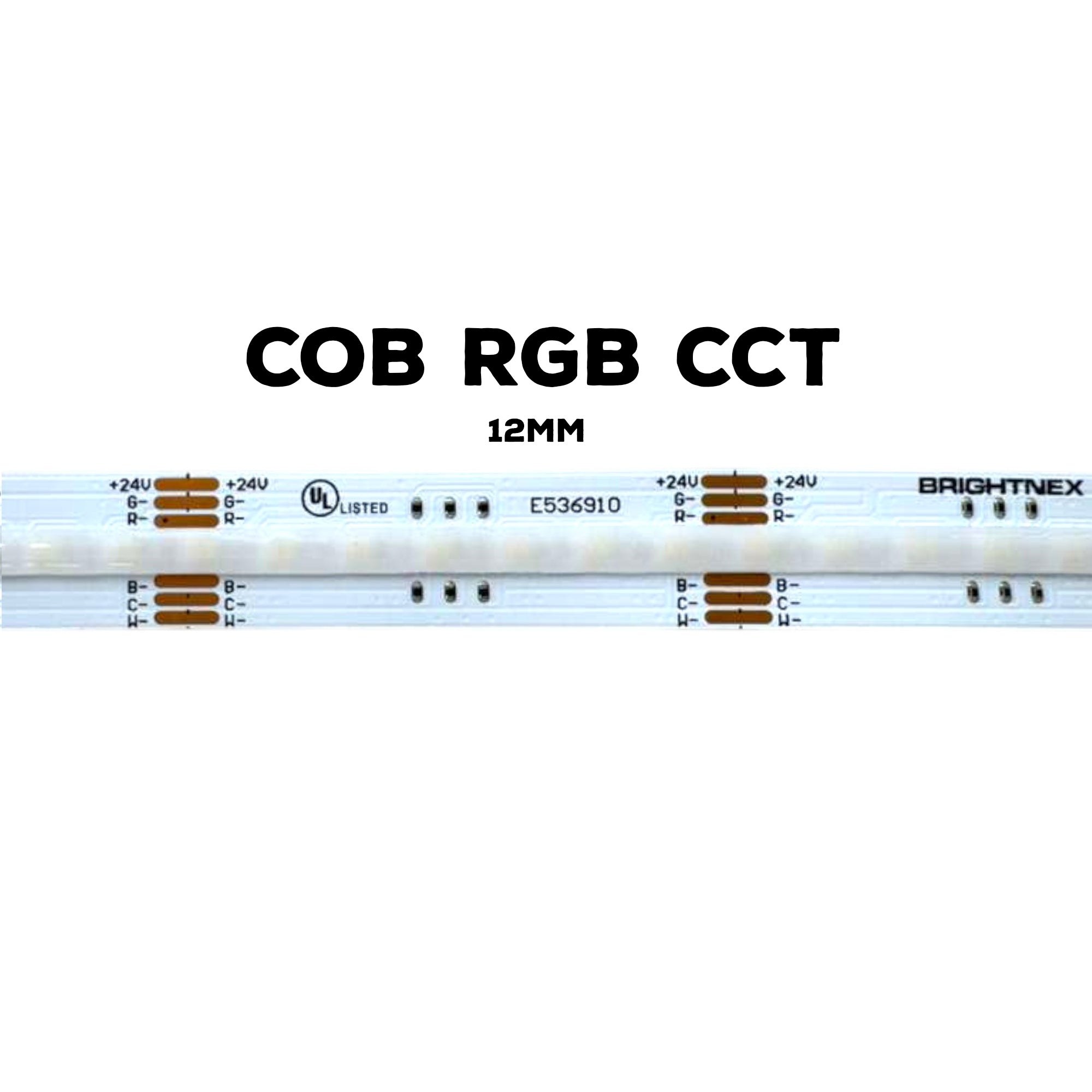 UL certified indoor 24V RGB CCT COB LED strip light 12mm width showing PCB layout solder pads and LED structure