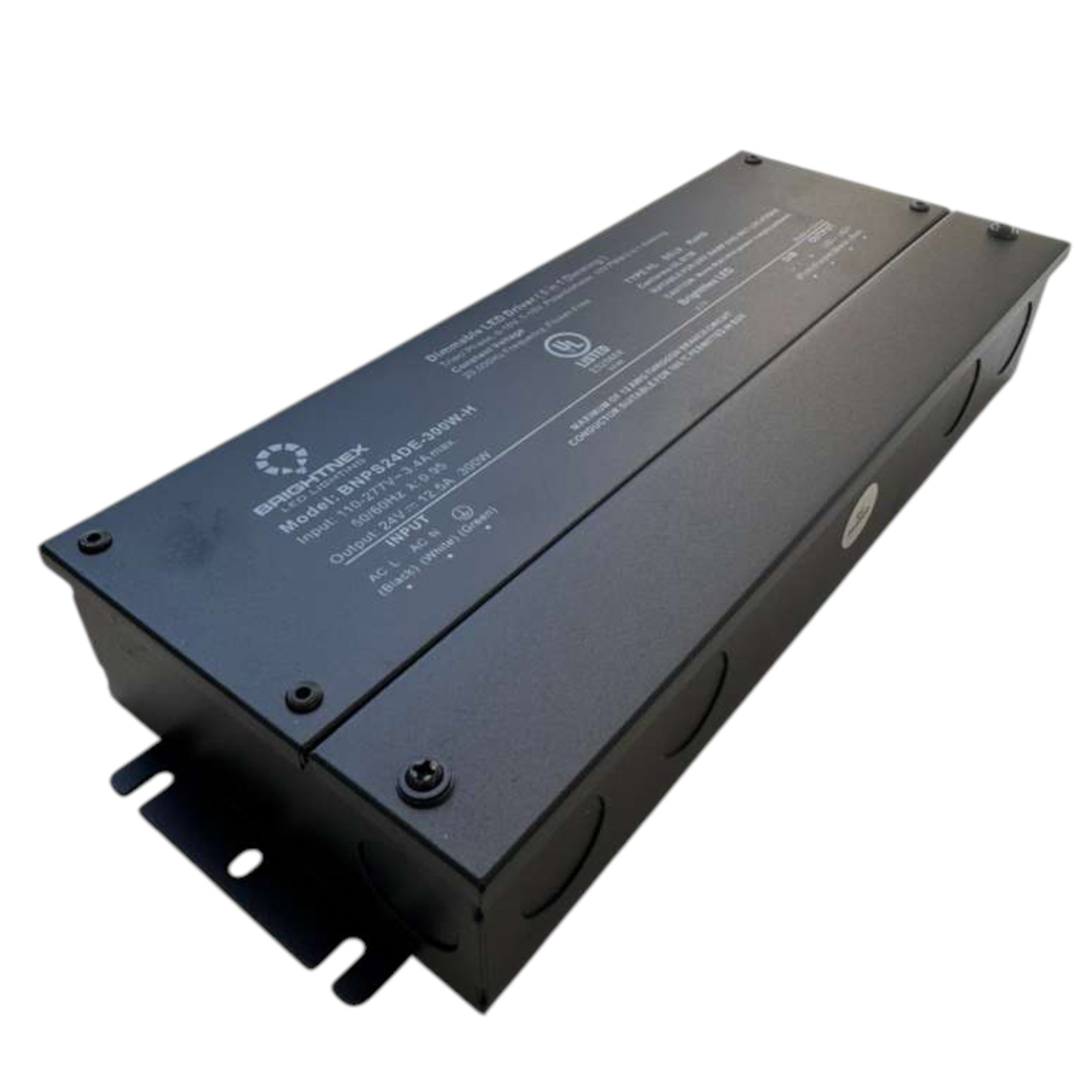 Side view of 5-in-1 dimmable LED driver showing compact metal housing.