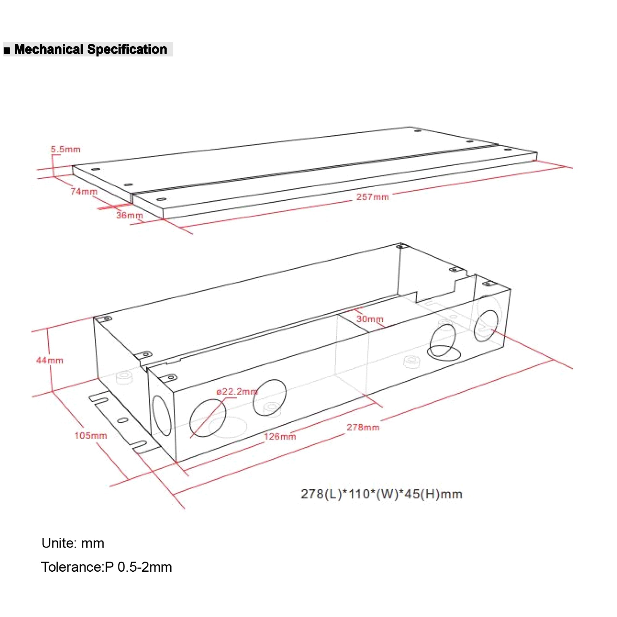 Mechanical drawing of 300W LED driver with junction box showing enclosure dimensions and knockout locations