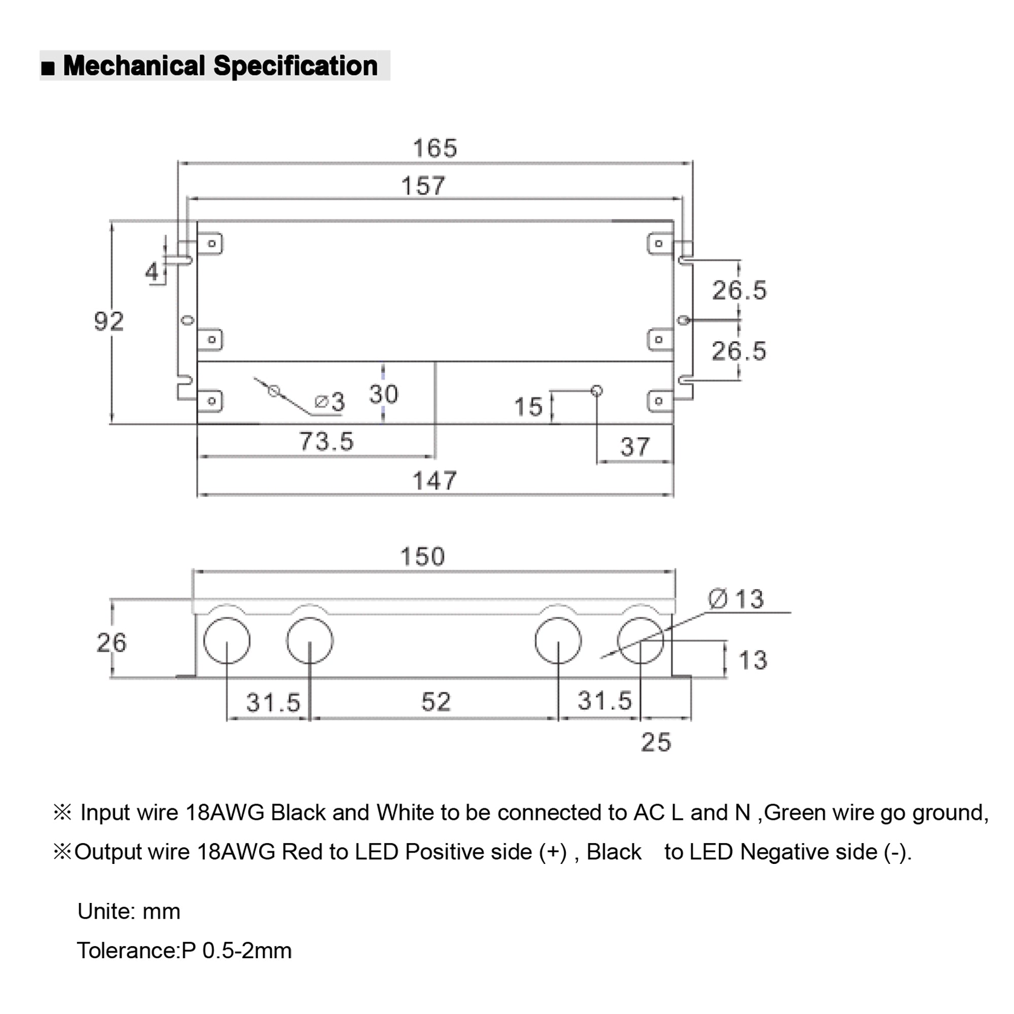Mechanical drawing of 30W LED driver with junction box showing enclosure dimensions and knockout locations
