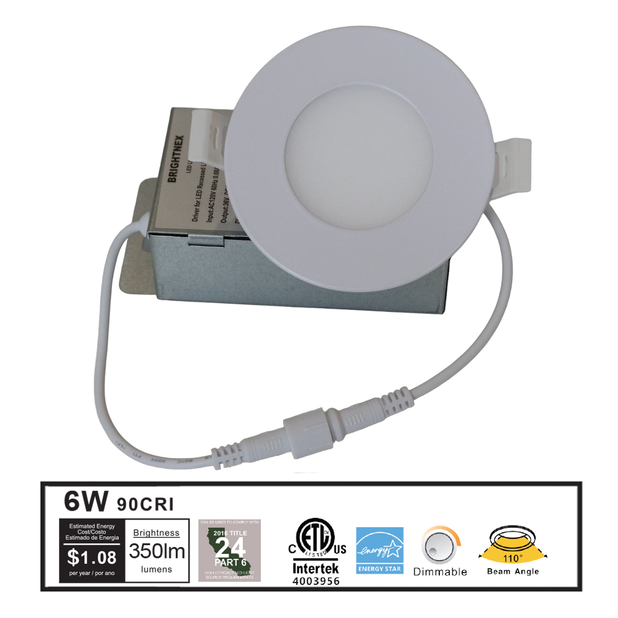 3 inch LED recessed downlight 6W 350 lumens CRI90 dimmable white trim indoor ceiling light with 110 degree beam angle ETL