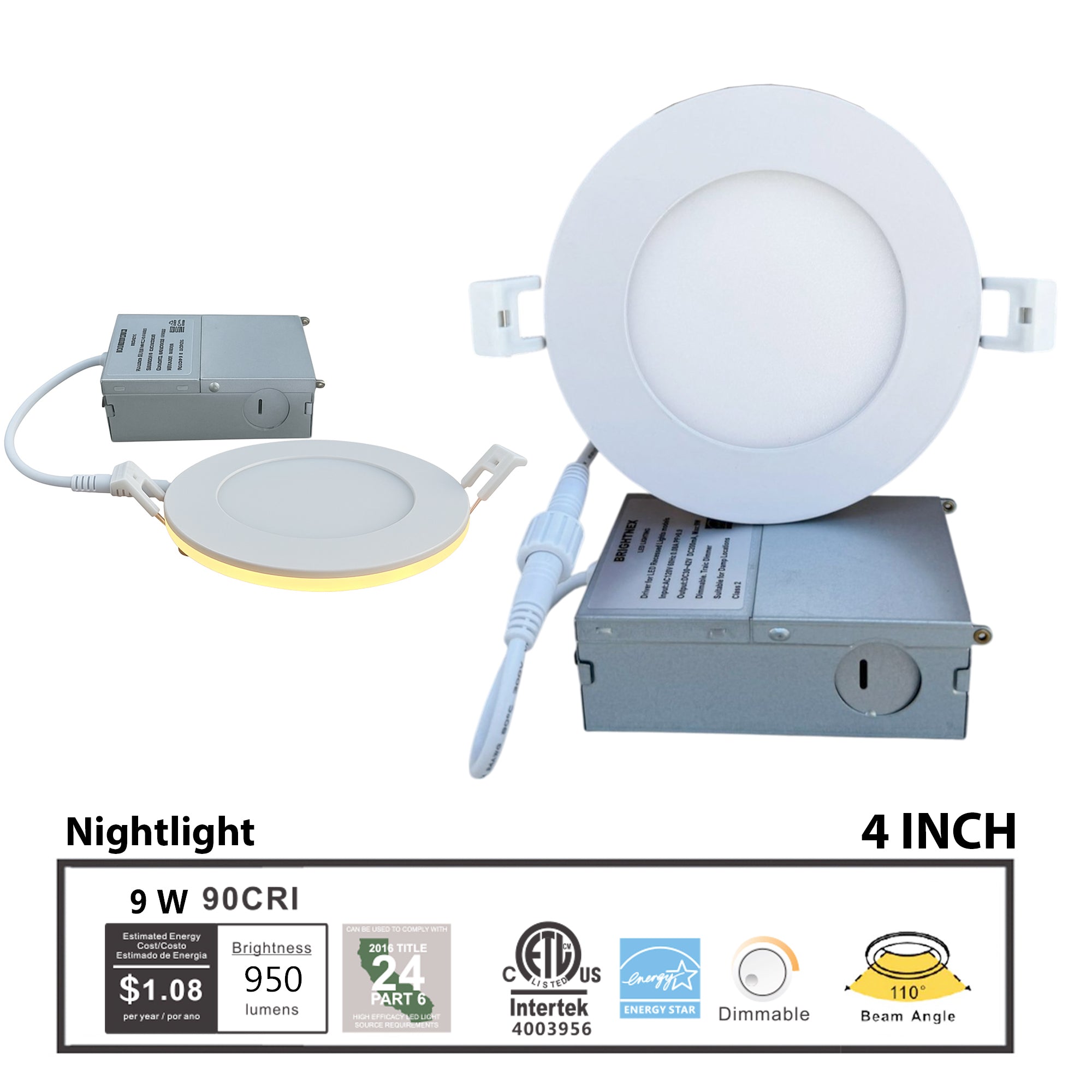 4 inch LED recessed downlight 9W CRI90 with night light feature 110 degree beam angle and junction box