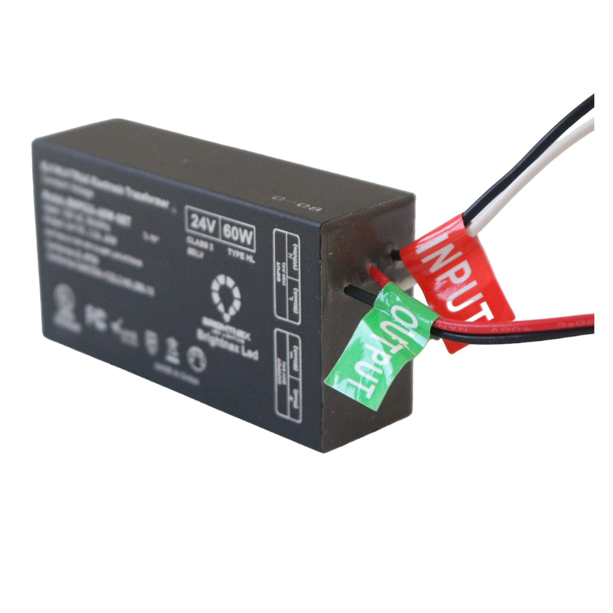 Specification label of 24V 60W dimmable LED transformer showing electrical ratings and certifications