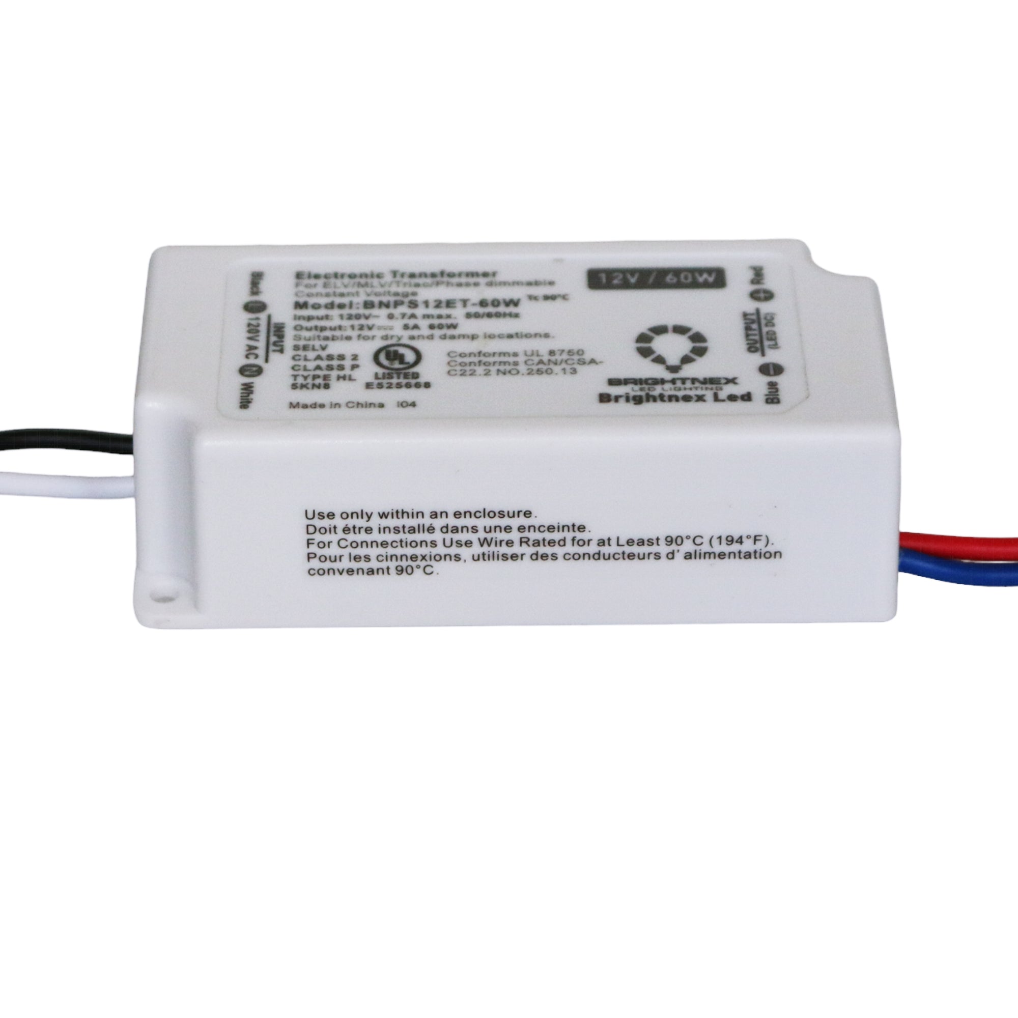 60W 12V dimmable LED transformer Class 2 Class P constant voltage with input and output wires
