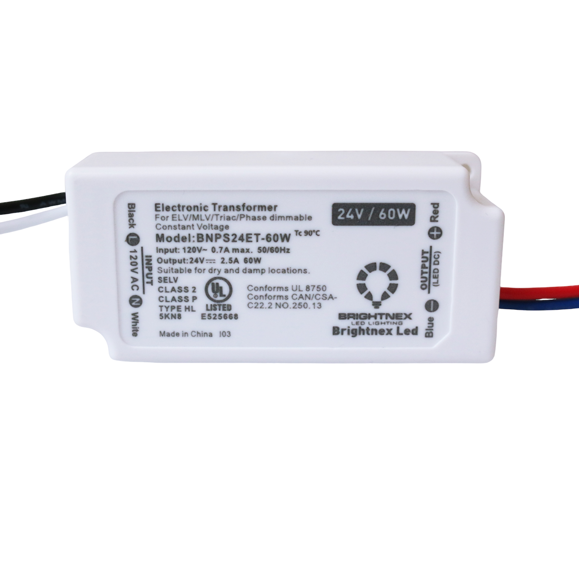 60W 24V dimmable LED transformer Class 2 Class P constant voltage LED driver with input and output wires