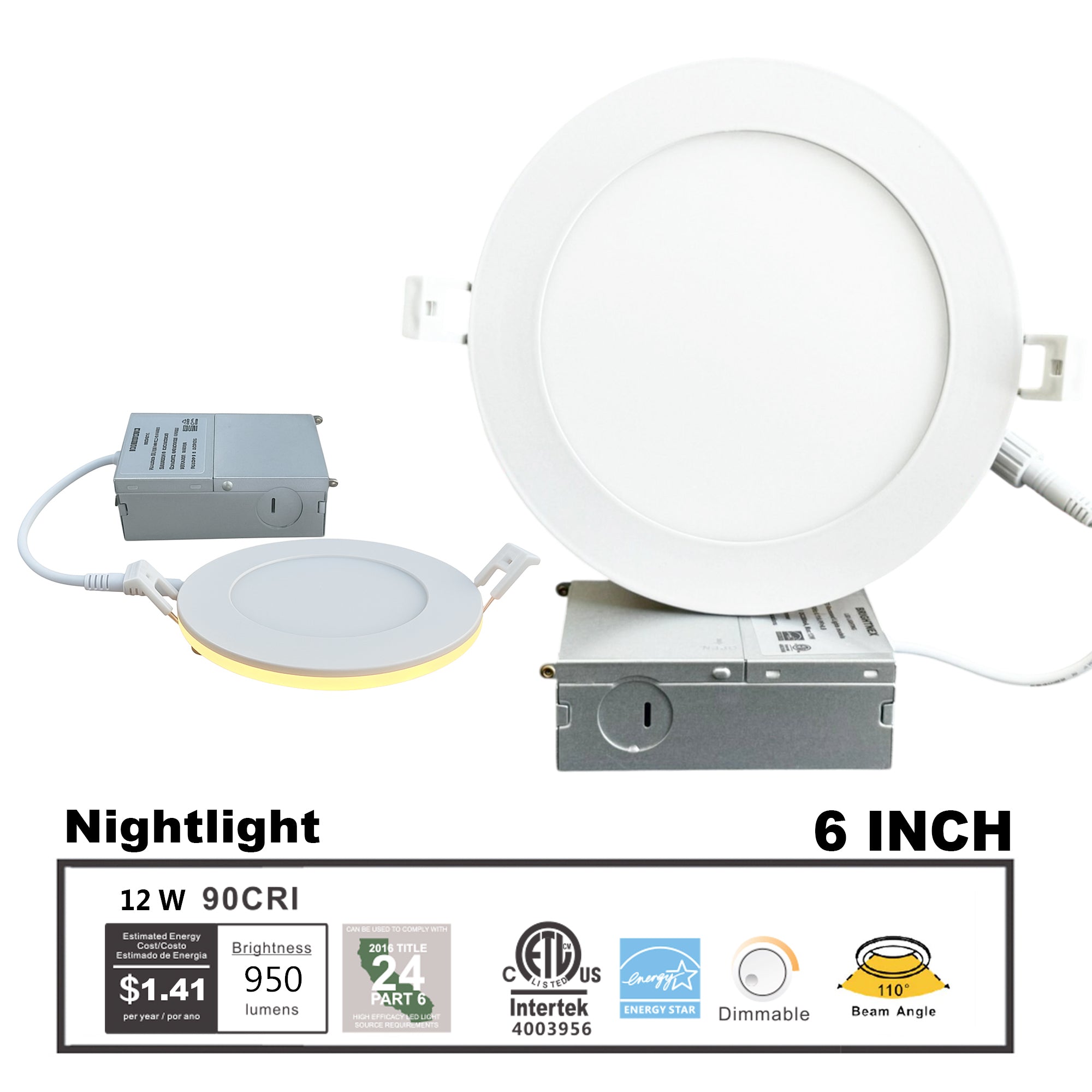 6 inch LED recessed downlight 9W CRI90 with night light feature 110 degree beam angle and junction box