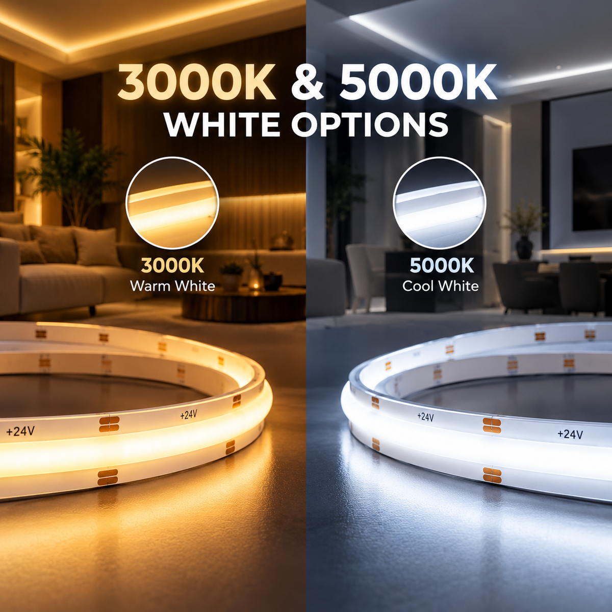 RGBW COB LED Strip Light – Dimmable, Dotless - Indoor - 24V, 12mm – (3000K,5000K) – 16.5ft, 48ft & 82ft - UL Certified