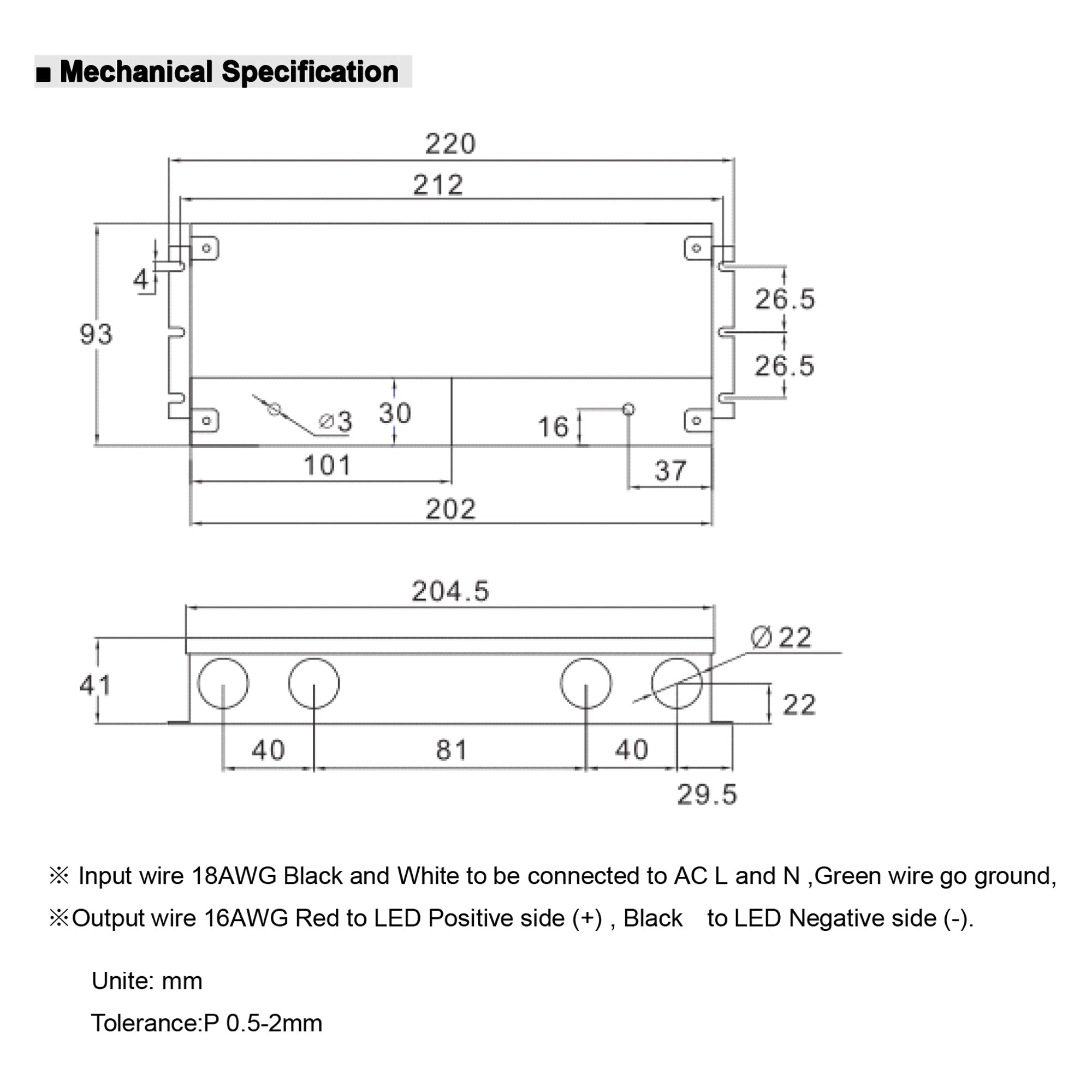 Mechanical drawing of 80W LED driver with junction box showing enclosure dimensions and knockout locations