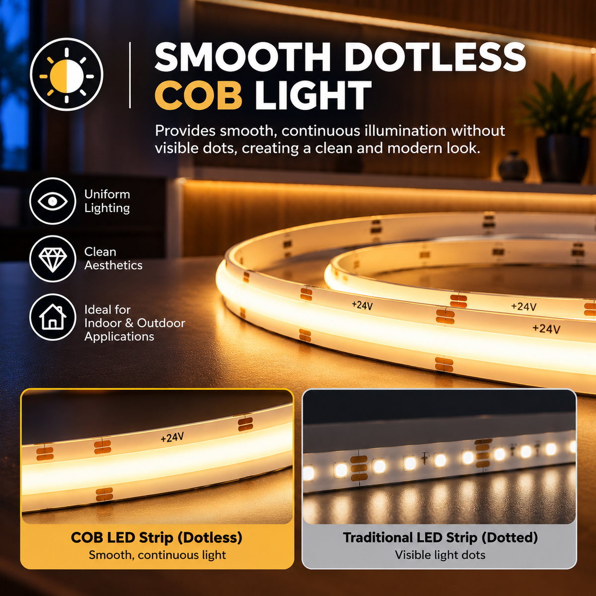 RGBW COB LED Strip Light – Dimmable, Dotless - Indoor - 24V, 12mm – (3000K,5000K) – 16.5ft, 48ft & 82ft - UL Certified