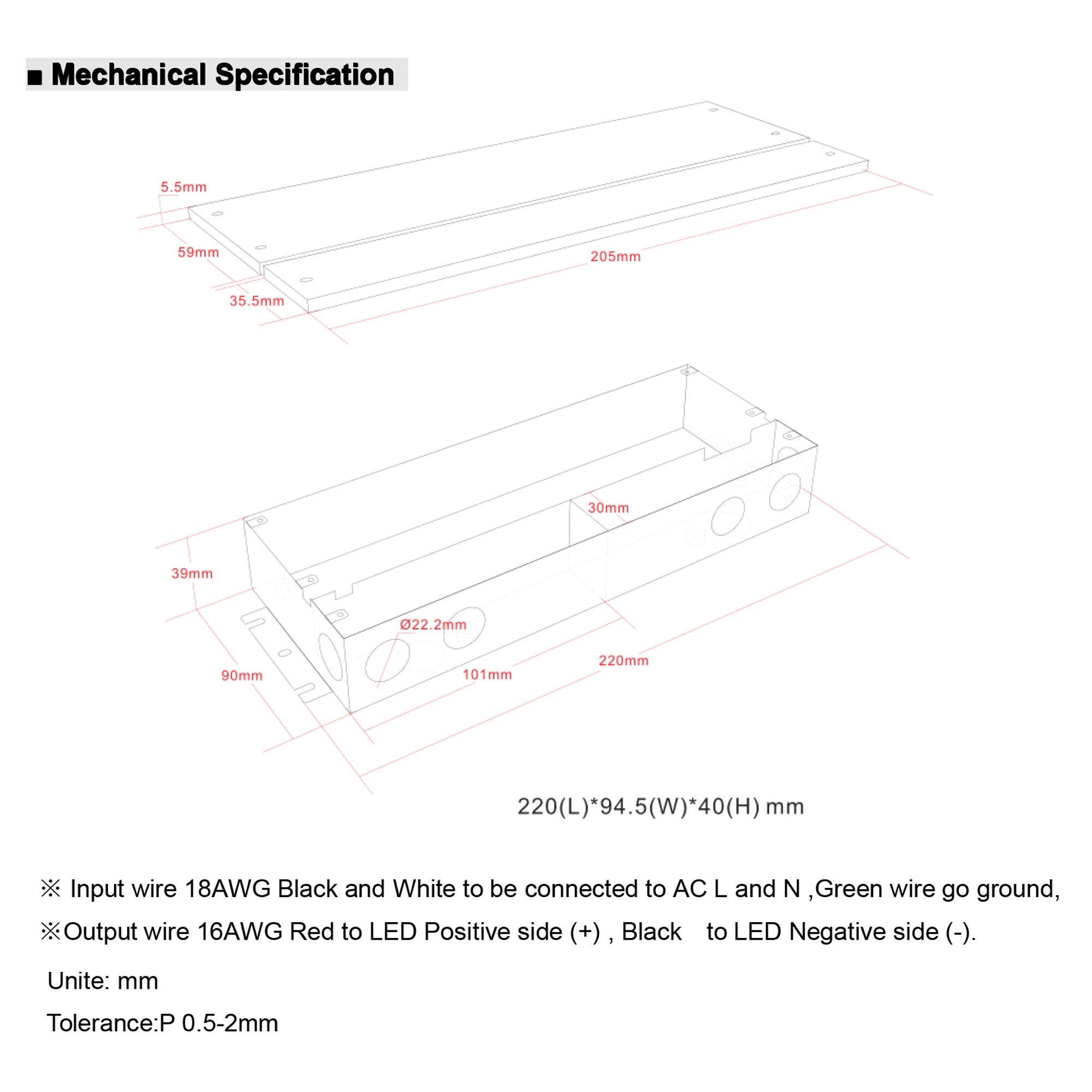 Mechanical drawing of 96W LED driver with junction box showing enclosure dimensions and knockout locations