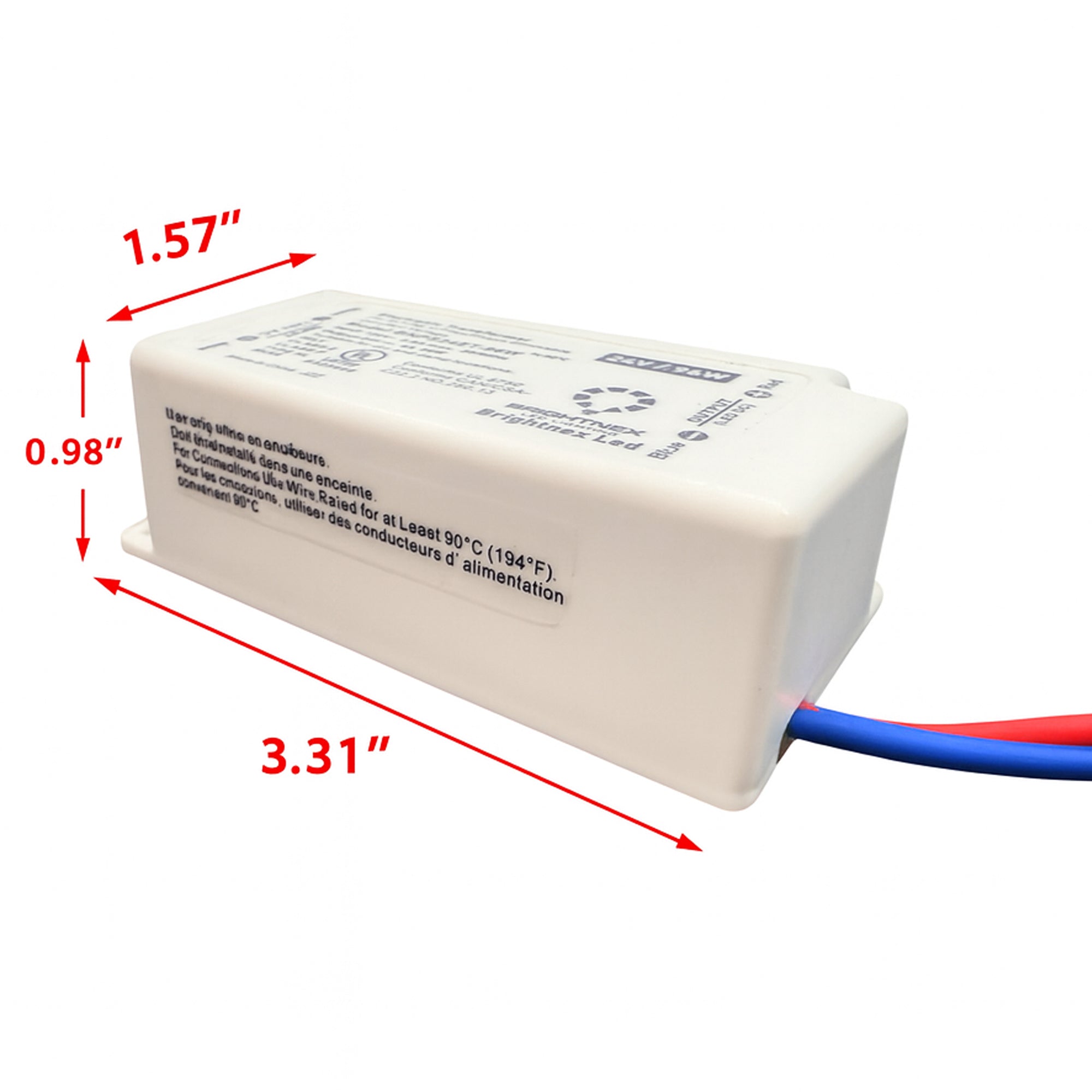Compact 96W 24V dimmable LED transformer showing product dimensions and enclosure size for installation reference